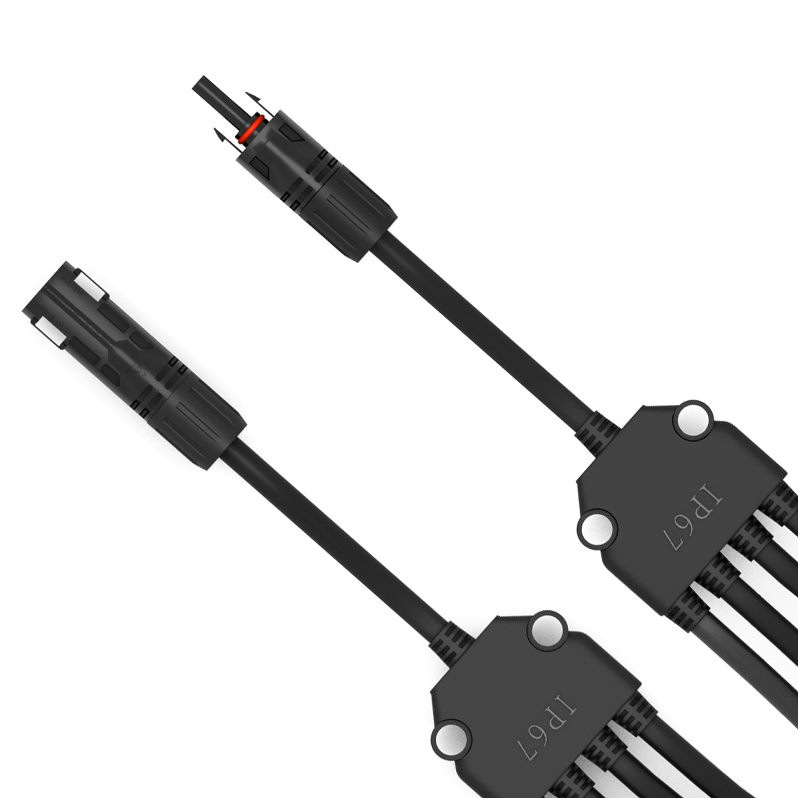 Schwarze IP67 Solarkabel-Splitter mit Steckern auf weißem Grund.