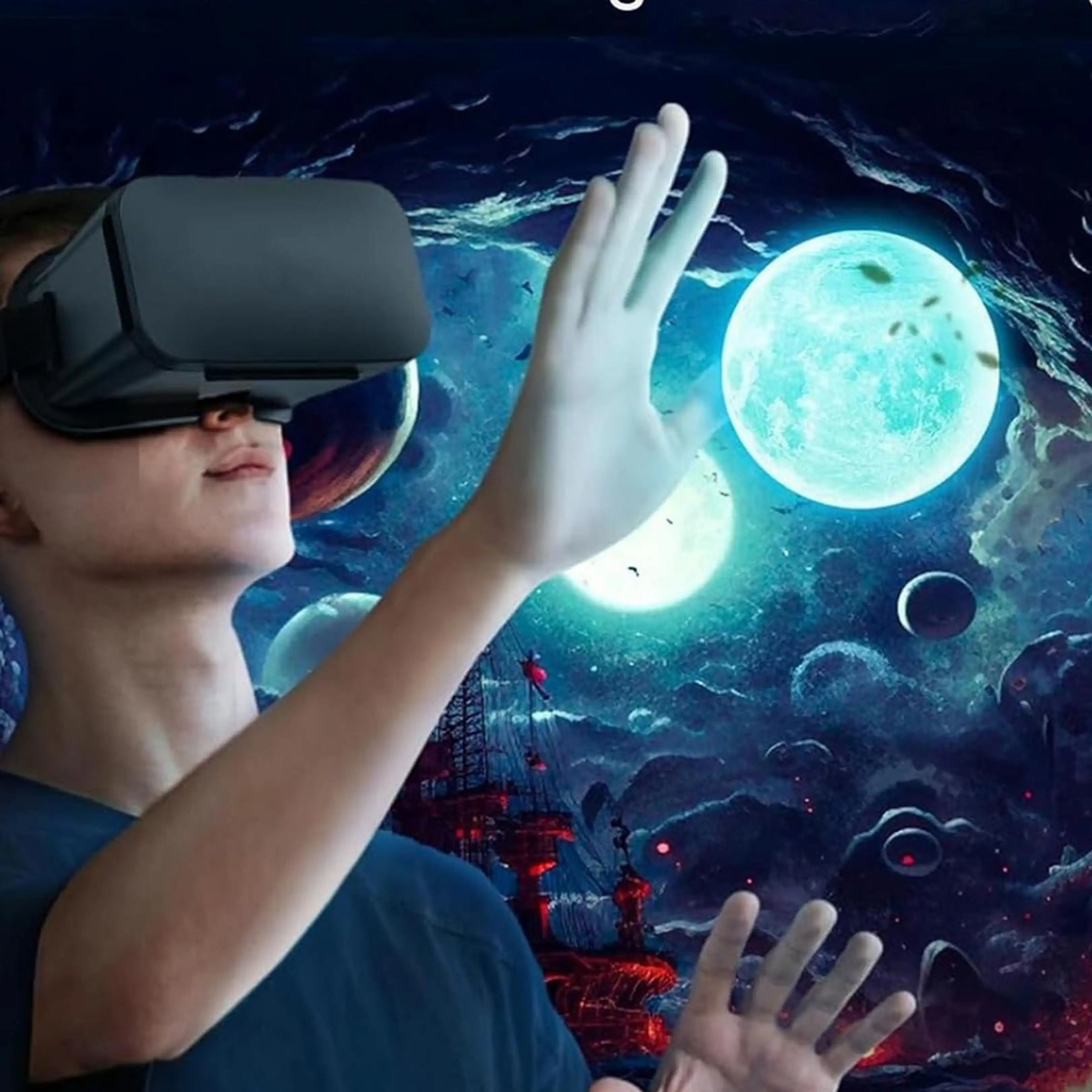 Eine Person mit VR-Headset vor einem leuchtenden Weltraum-Hintergrund mit Planeten.