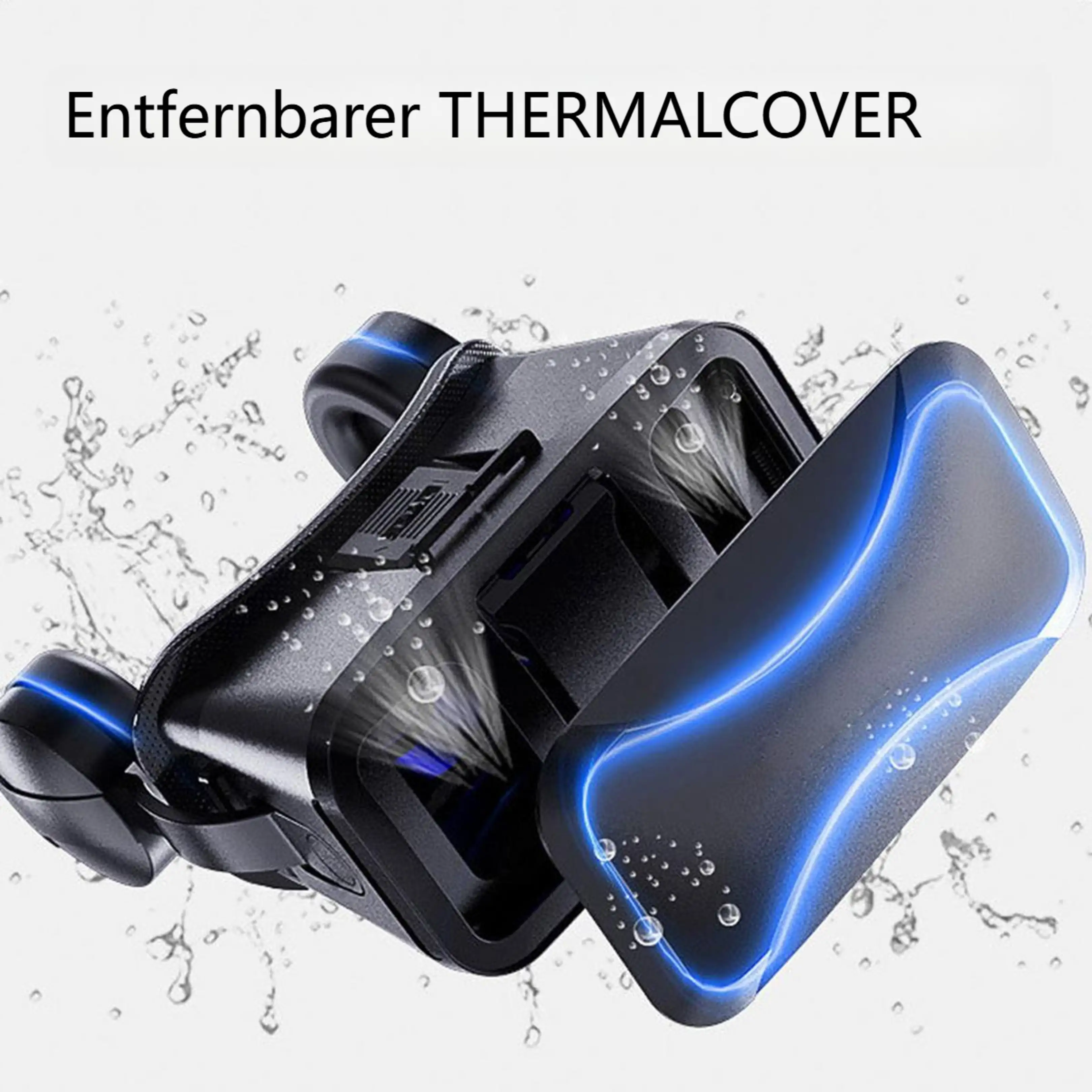 Schwarzes Unterwassergehäuse mit abnehmbarem Thermocover und Wassertropfen auf weißem Hintergrund.