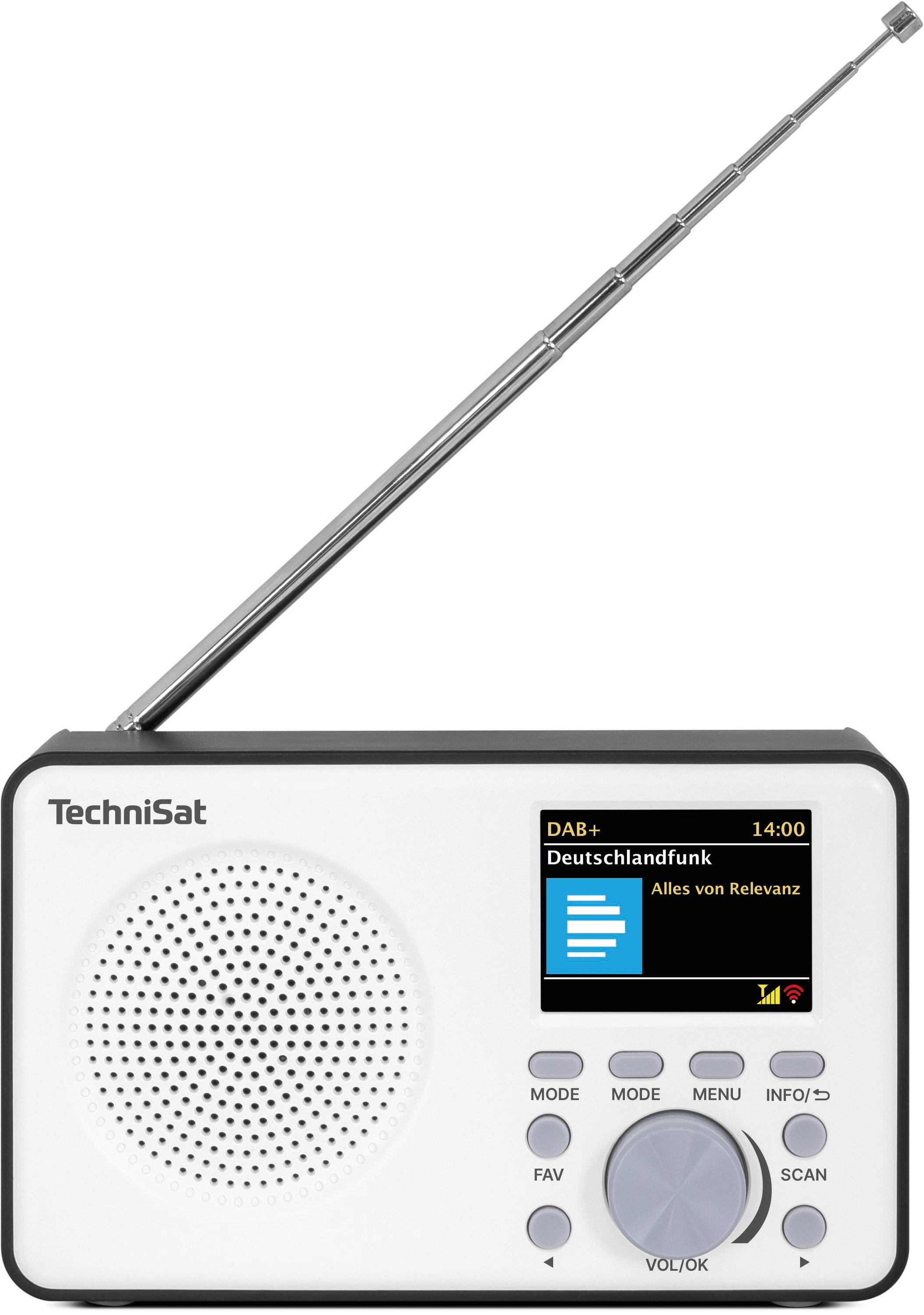 Weiß-schwarzes TechniSat Digitalradio mit ausgefahrener Antenne, Farbbildschirm, Lautsprecher und Steuertasten.