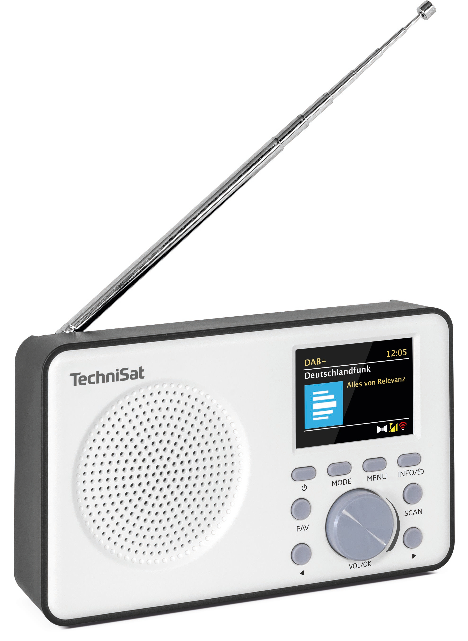 TechniSat Digitalradio in Weiß und Schwarz mit LCD-Bildschirm, Lautsprecher, Knöpfen und langer Antenne auf weißem Grund.