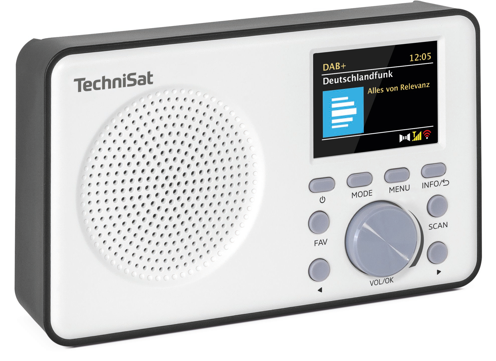 Weiß-schwarzes TechniSat Digitalradio mit Lautsprechergitter, Farbdisplay und Bedienknöpfen.