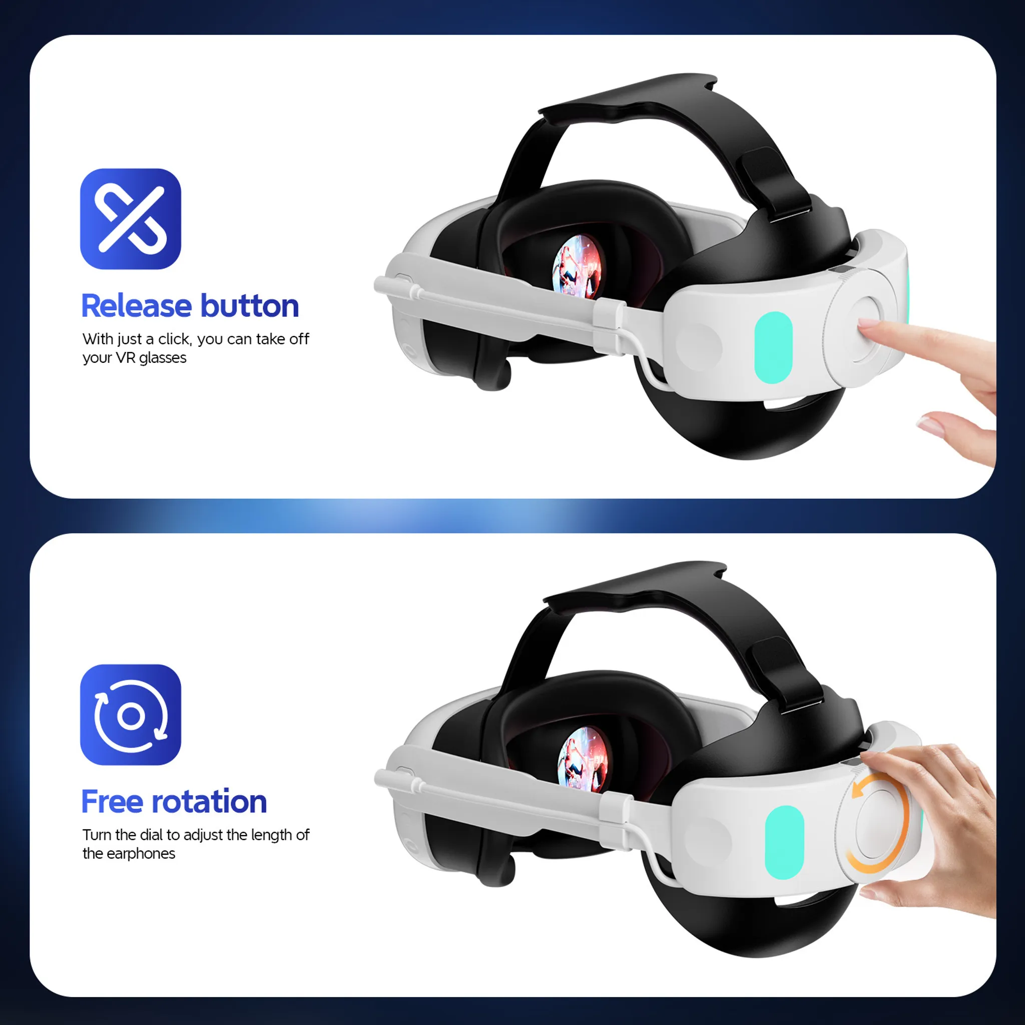 Zwei Bilder zeigen VR-Brillen mit Release-Button und freier Rotation zur Längeneinstellung der Kopfhörer.
