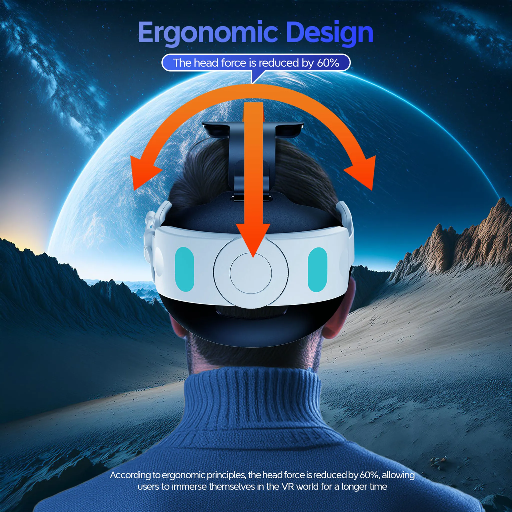 Person trägt ein ergonomisches VR-Headset vor einer Mondlandschaft.