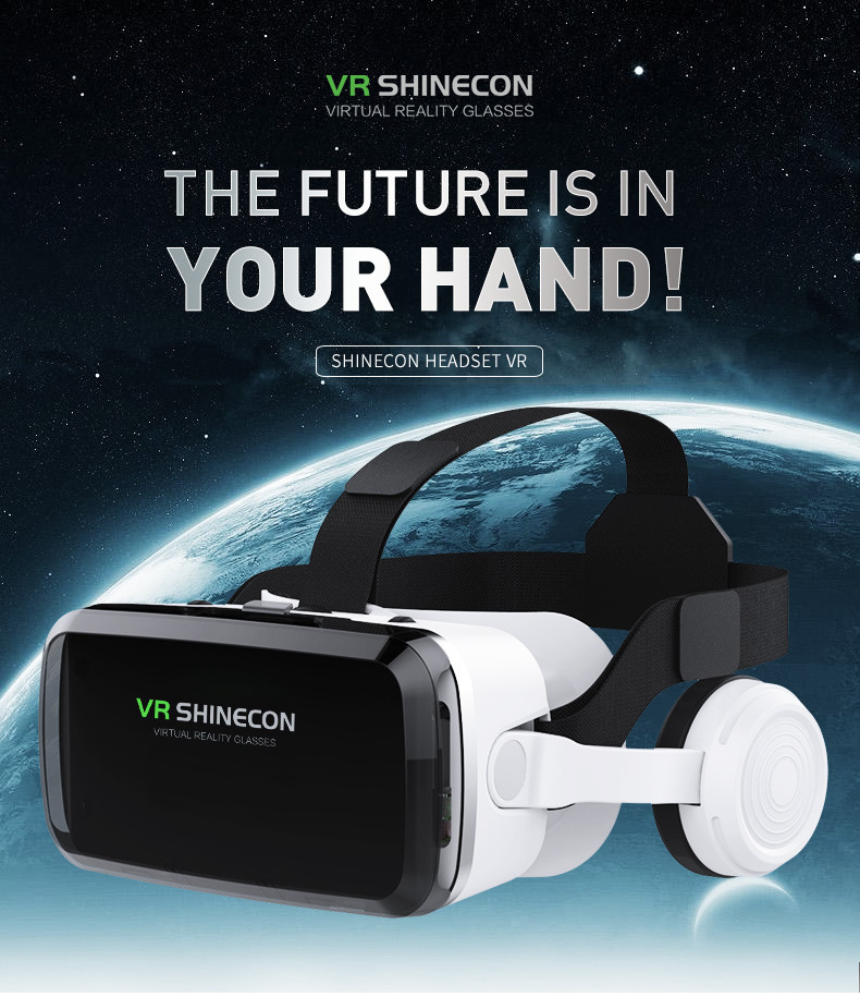 VR Shinecon VR-Brille mit Kopfhörern vor einem Weltraumhintergrund und Text.