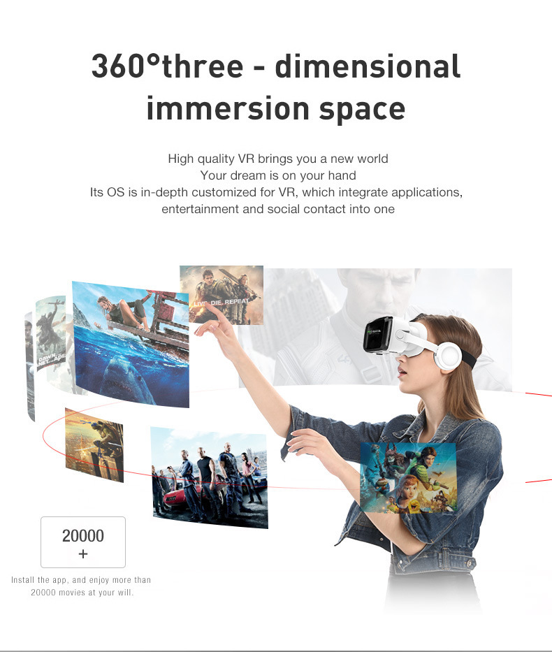 Eine Frau mit VR-Brille interagiert mit schwebenden Filmplakaten in einem 360-Grad-Raum.