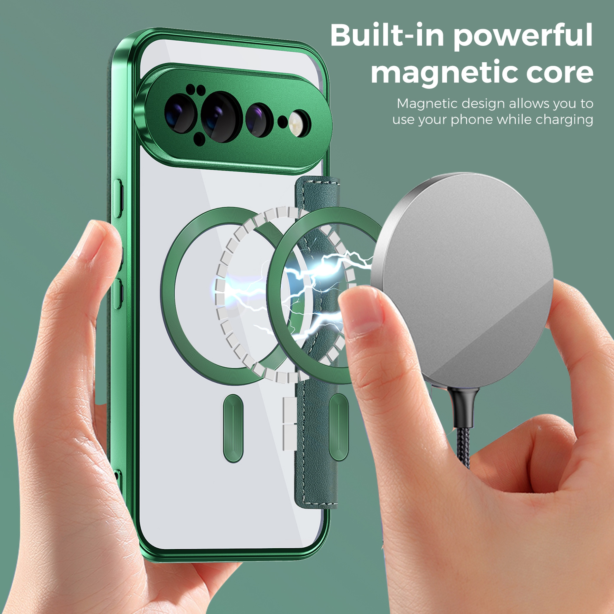 Grüne Handyhülle mit magnetischem Ladeadapter und Händen, die das Telefon halten.
