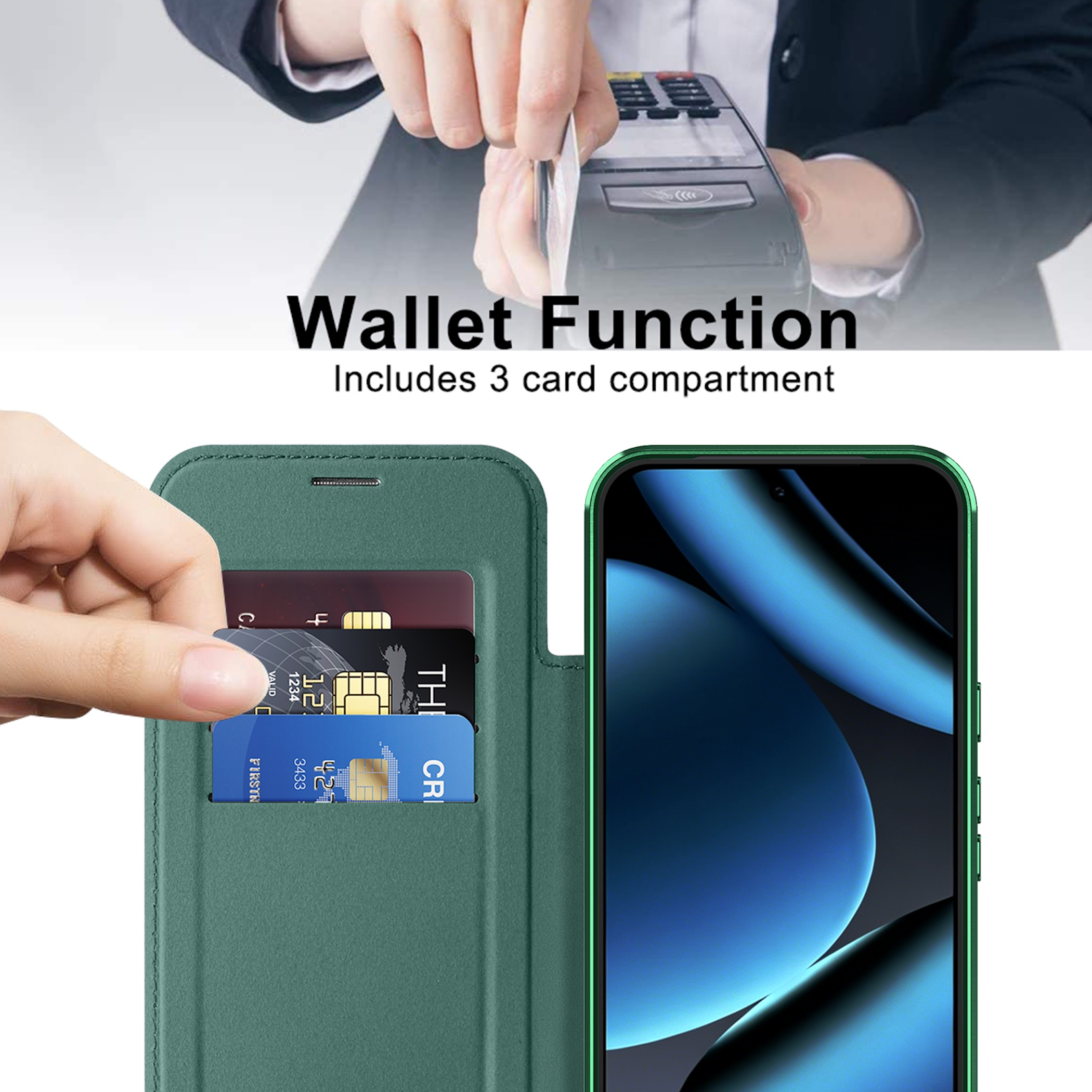 Eine grüne Smartphone-Hülle mit Kartenfächern für drei Karten und einem Display mit blauem abstrakten Design.