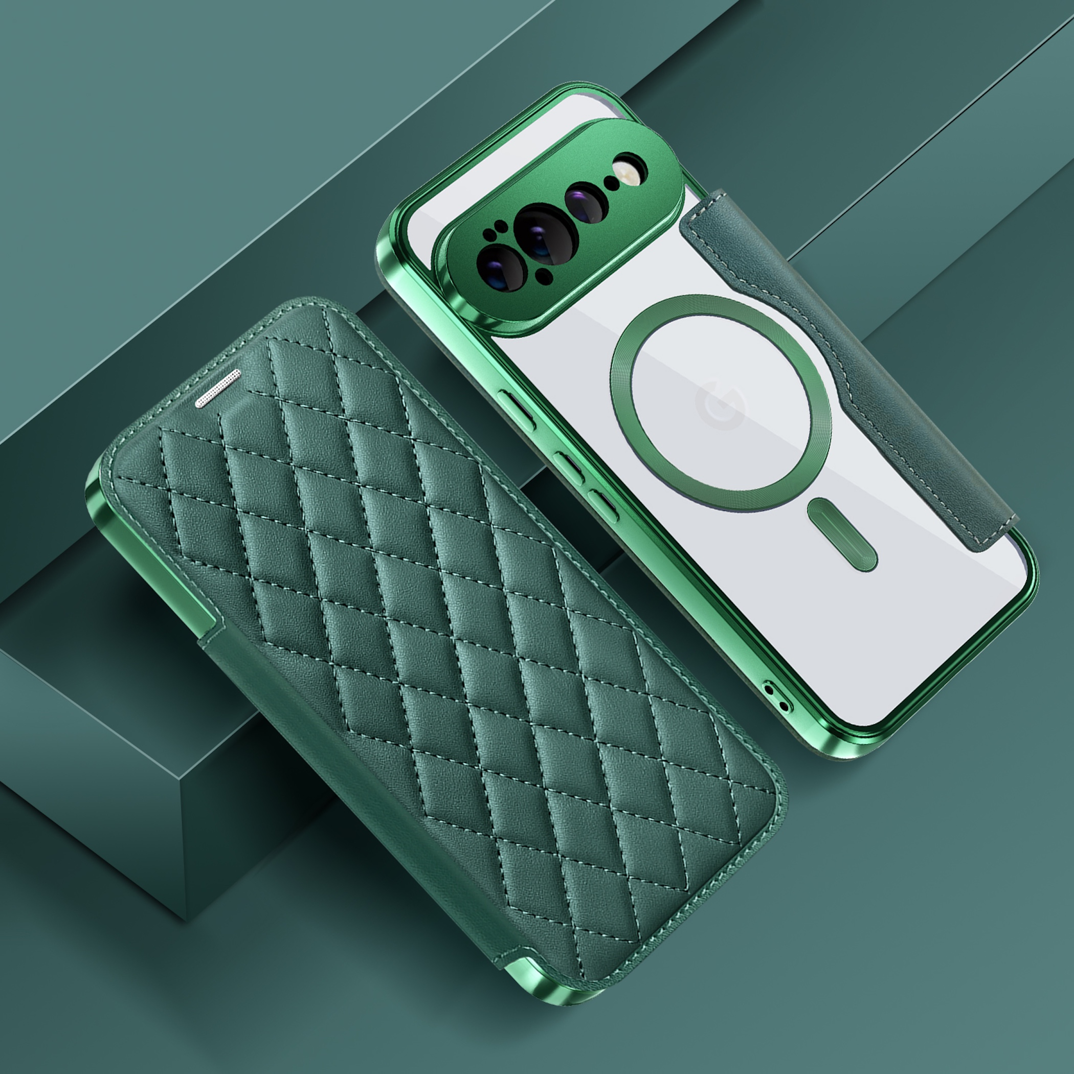 Grüne Handyhülle mit gestepptem Leder und magnetischem Ring auf schlichter, grüner Plattform.