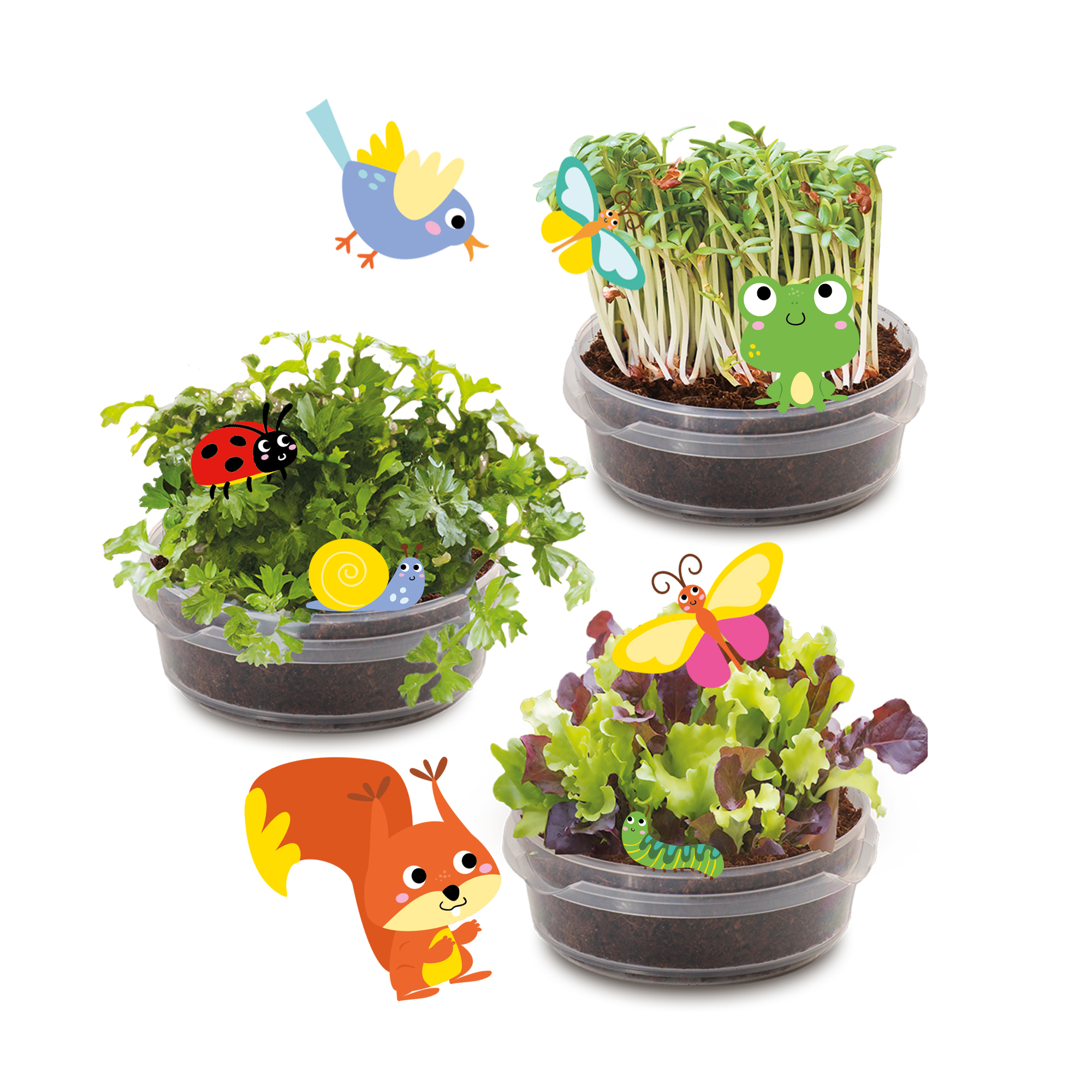 Tres macetas transparentes con plantas verdes, rodeadas de simpáticos animales de dibujos animados.