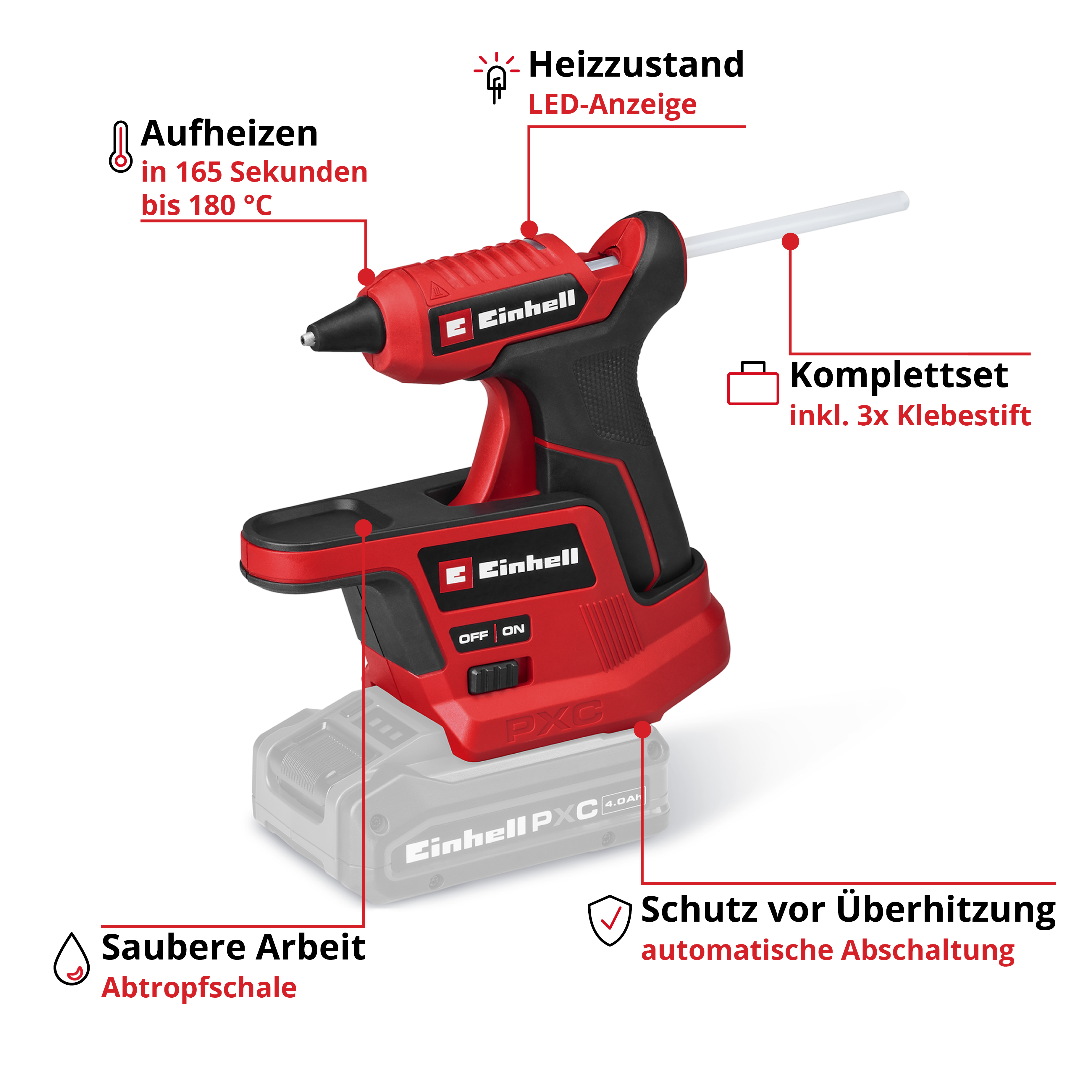 Rote Einhell Akku-Heissklebepistole mit Ladestation und Funktionsbeschreibungen.