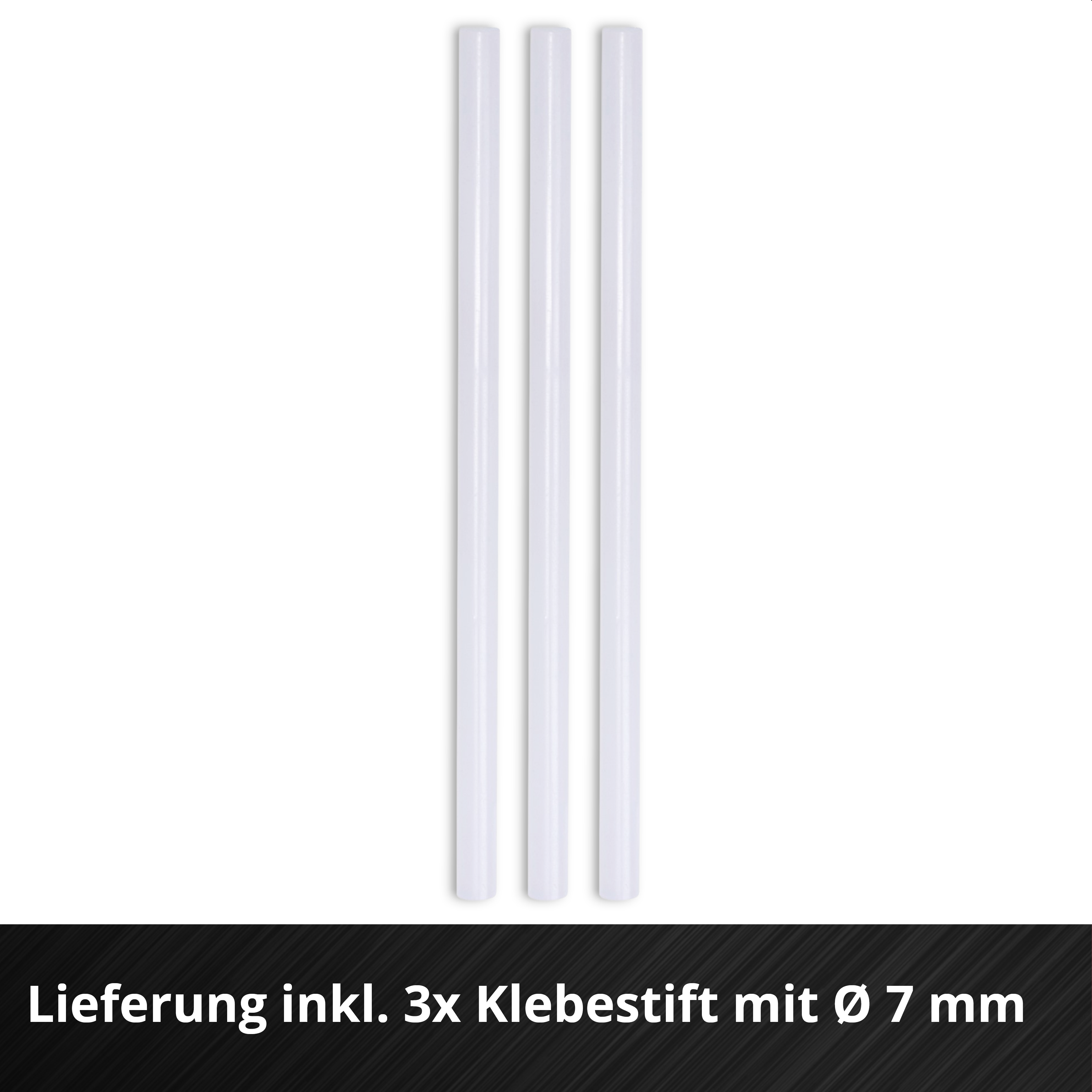 Drei weiße Klebestifte auf weißem Hintergrund mit Textbanner unten.
