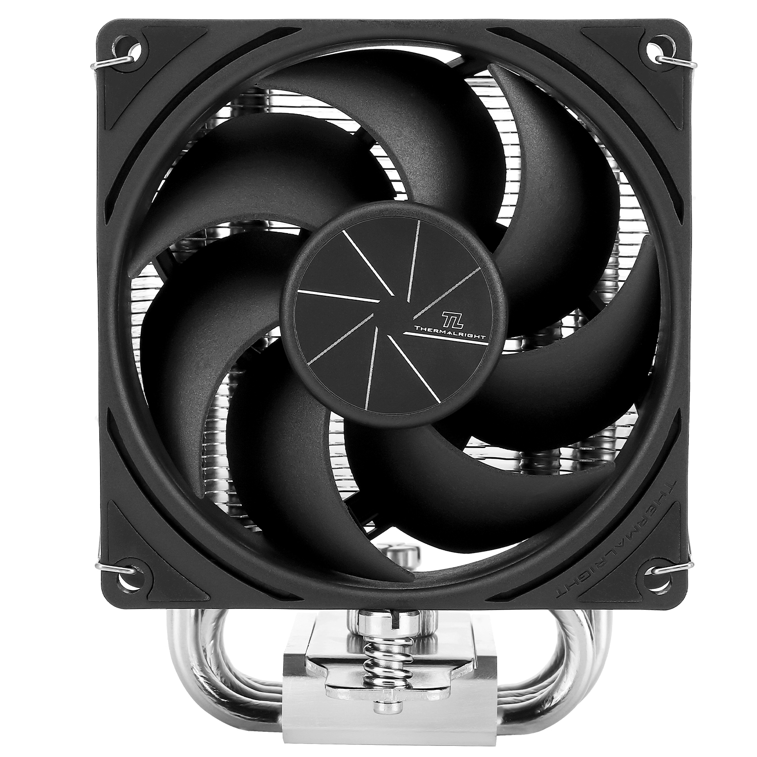 Beyaz arka planda gümüş renkli metal ısı borularına monte edilmiş, merkezinde Thermalright logosu olan siyah bir CPU fanı.