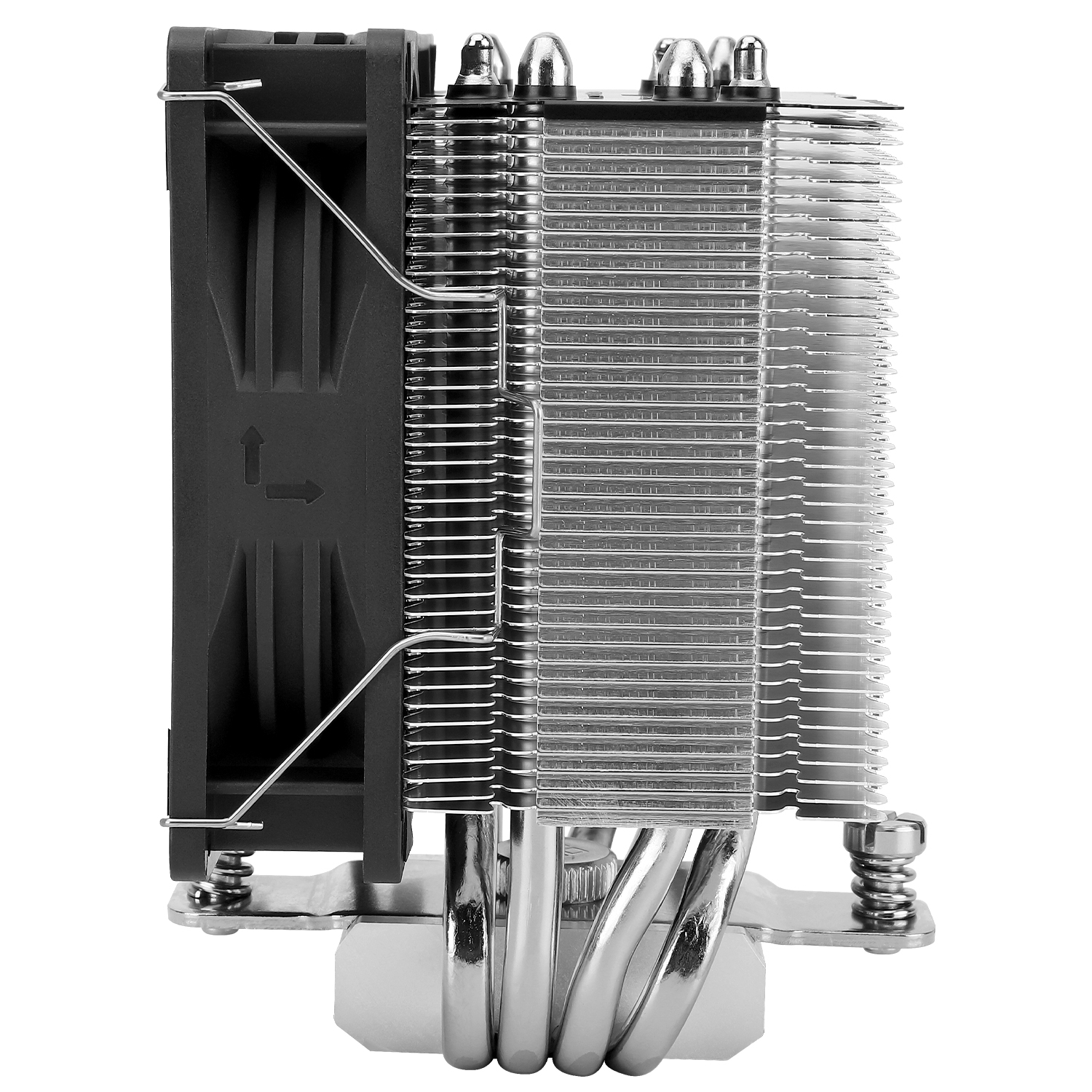 Siyah bir fan ve gümüş renkli metal kanatlara sahip bilgisayar işlemci soğutucusu.
