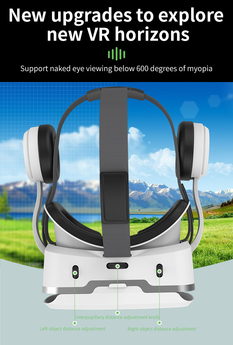 Weißes VR-Headset mit verstellbaren Knöpfen und integrierten Kopfhörern vor einer Landschaft.