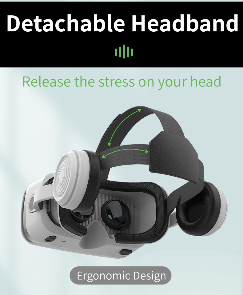 Weißes VR-Headset mit schwarzem, abnehmbarem Kopfband und integrierten Kopfhörern sowie Textüberlagerungen.