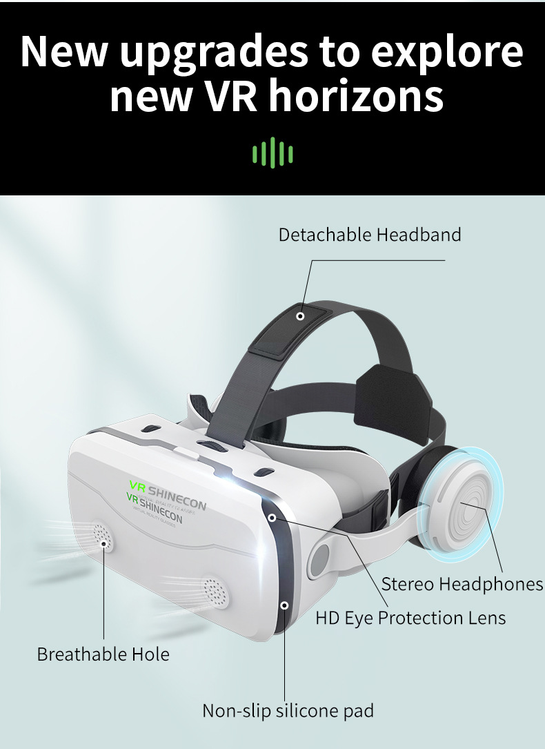 Weiß-schwarzes VR-Headset mit beschrifteten Funktionen wie abnehmbarem Kopfband, Stereokopfhörern und Atemlöchern.