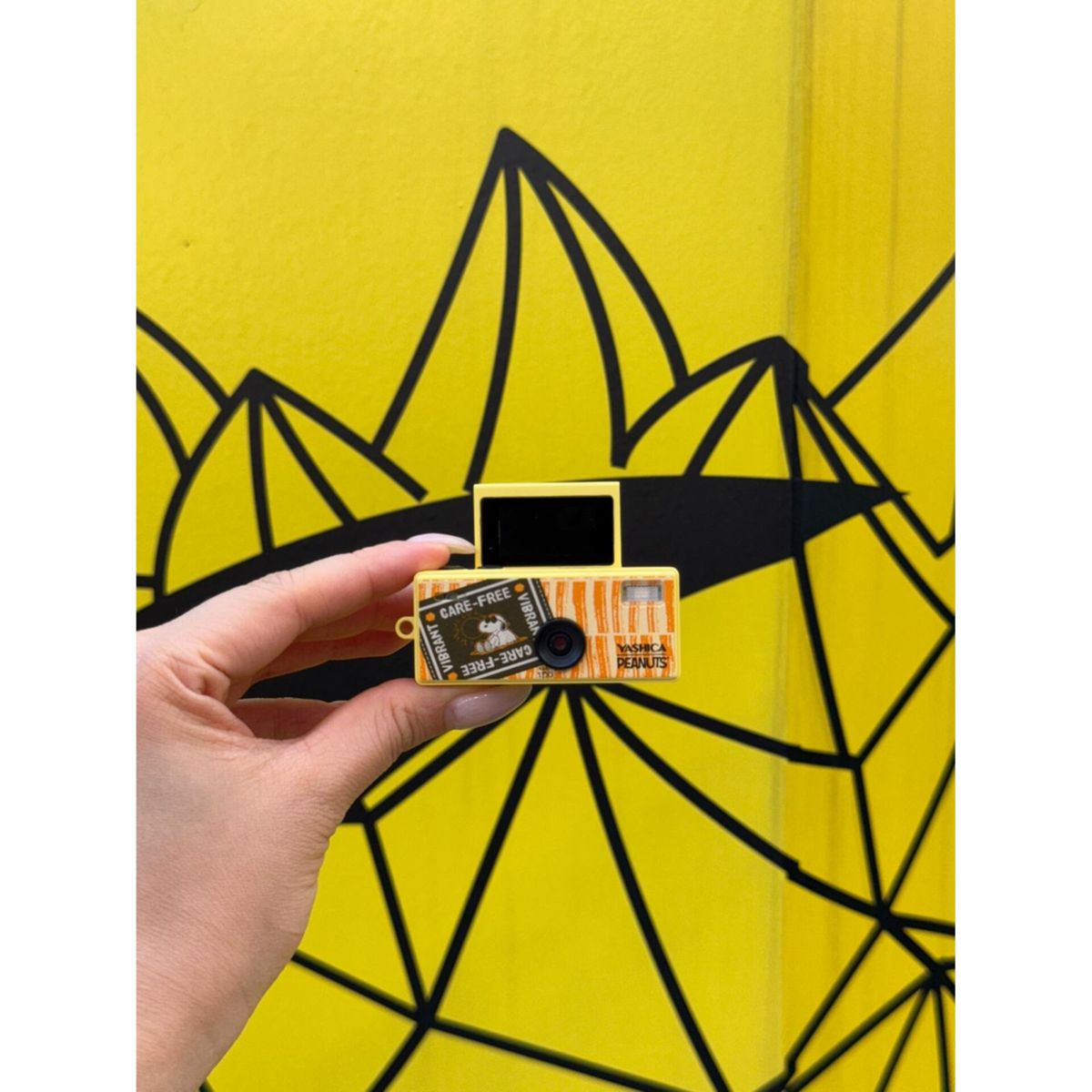 Eine Hand hält eine gelbe Yashica Peanuts Kamera vor eine gelbe Wand mit schwarzem Linienkunst.