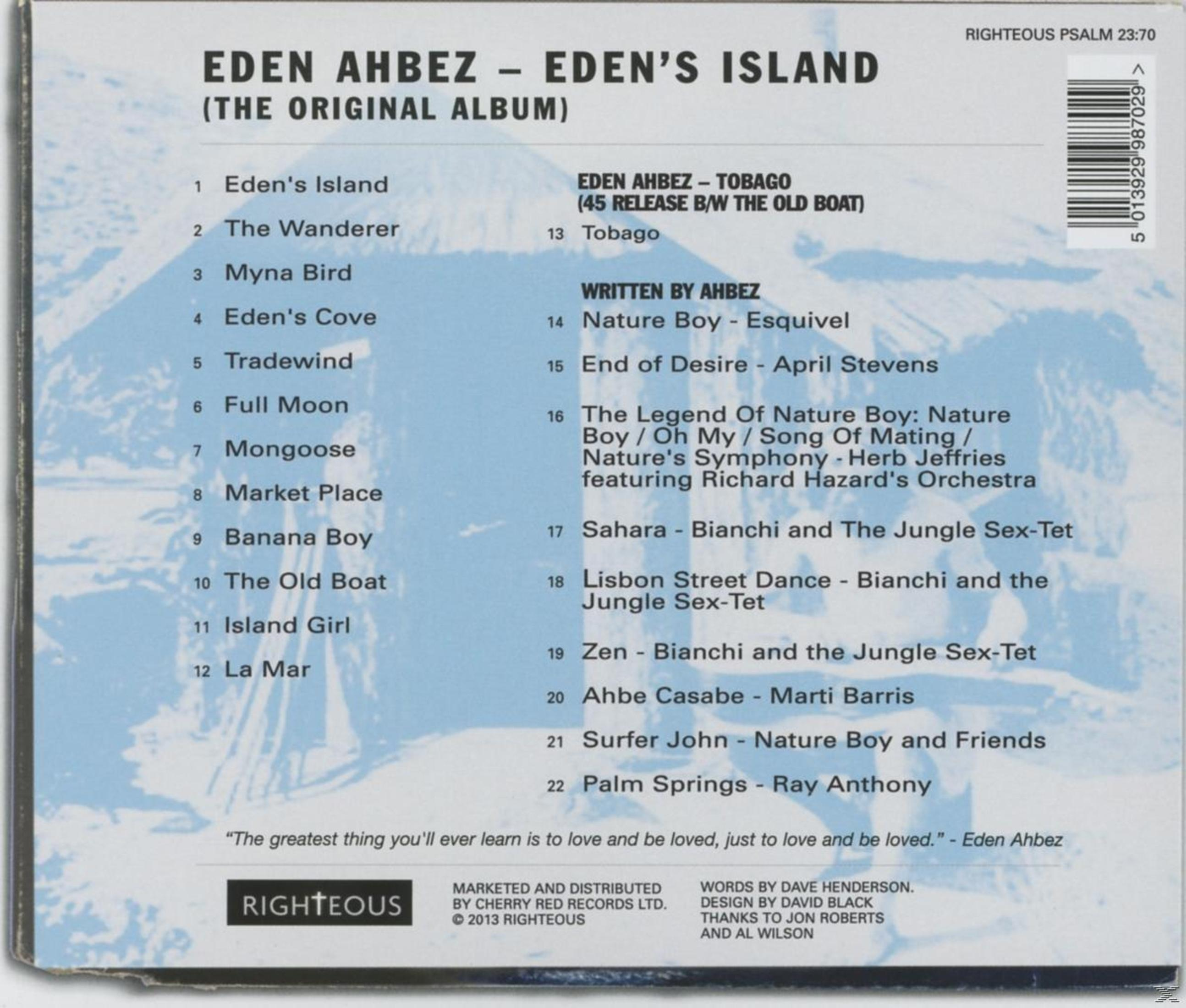 Rückseite des Albums Eden's Island von Eden Ahbez mit Titelliste, Barcode und blauem Landschaftshintergrund.