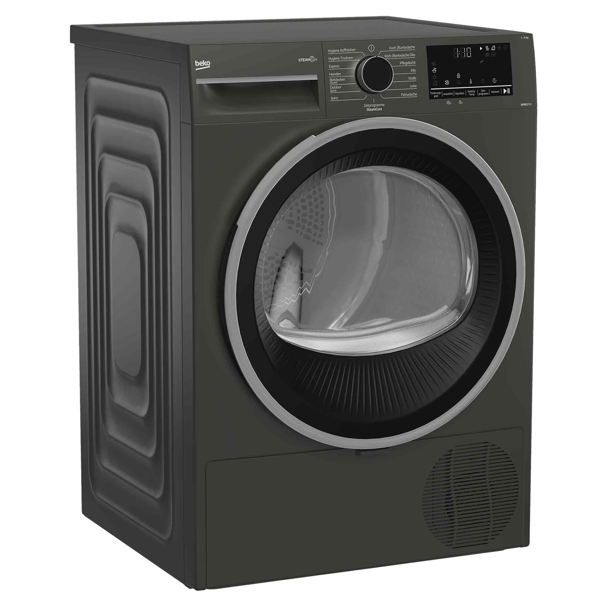 Moderne schwarze Beko Kondensationstrockner mit digitalem Display und Bullauge.