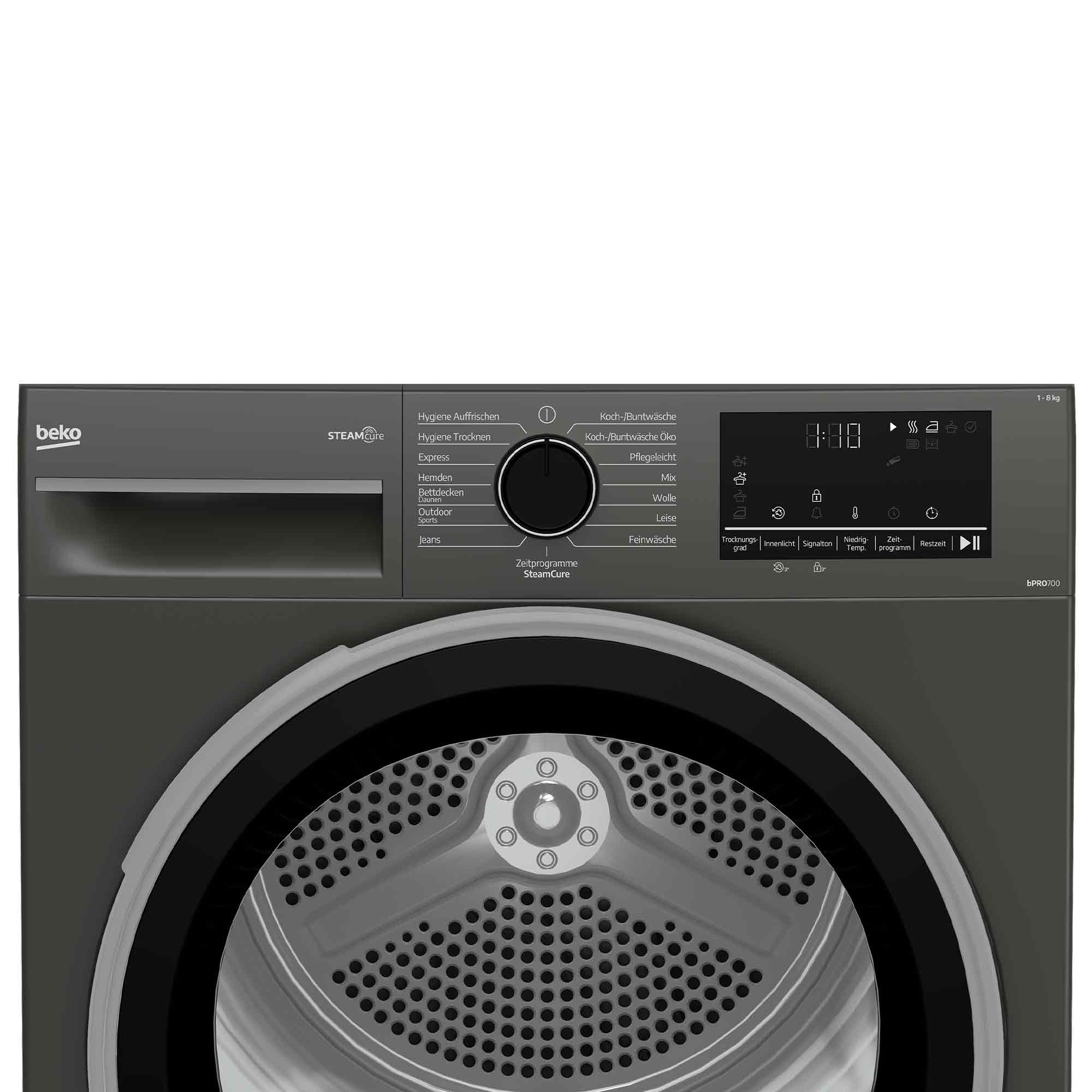 Frontansicht eines grauen Beko-Wäschetrockners mit einem Drehknopf, Touch-Bedienfeld und geöffnetem Flusensieb.