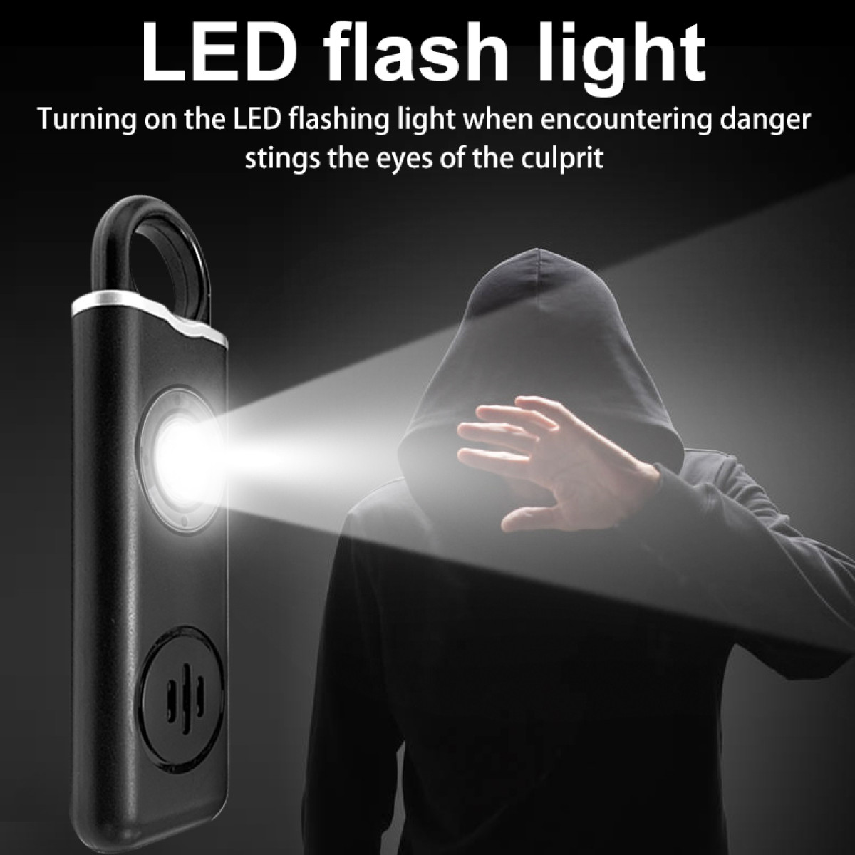 Eine Hand schützt das Gesicht vor einer hellen LED-Taschenlampe, Text oben.