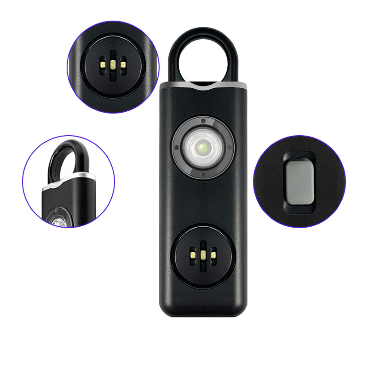 Ein schwarzes zylindrisches Gerät mit Ring, Kamera und Ladekontakten, umgeben von kreisförmigen Detailansichten.