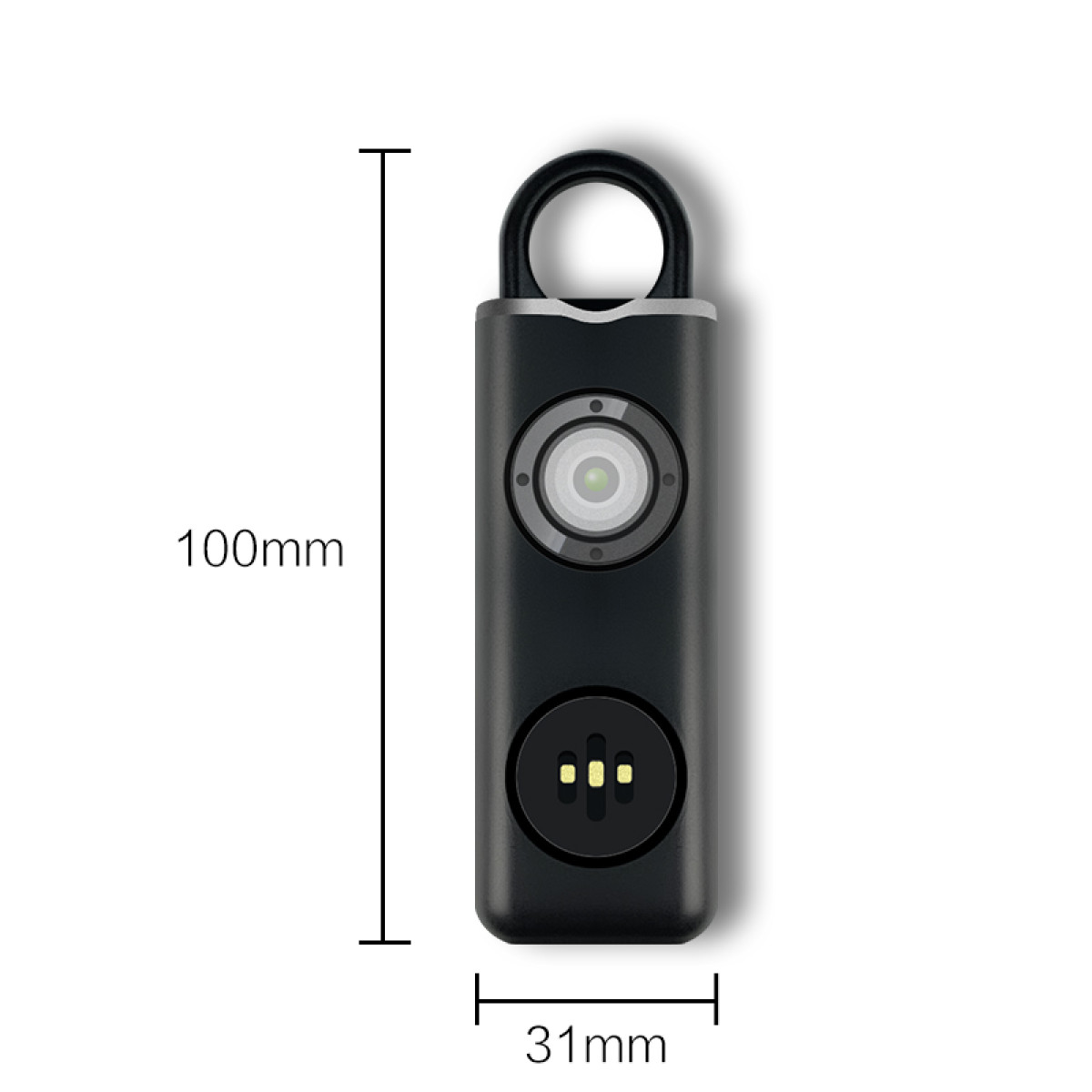 Ein schwarzes, 100x31 mm großes elektronisches Gerät mit Kameralinse, Kontakten und Öse auf weißem Hintergrund.
