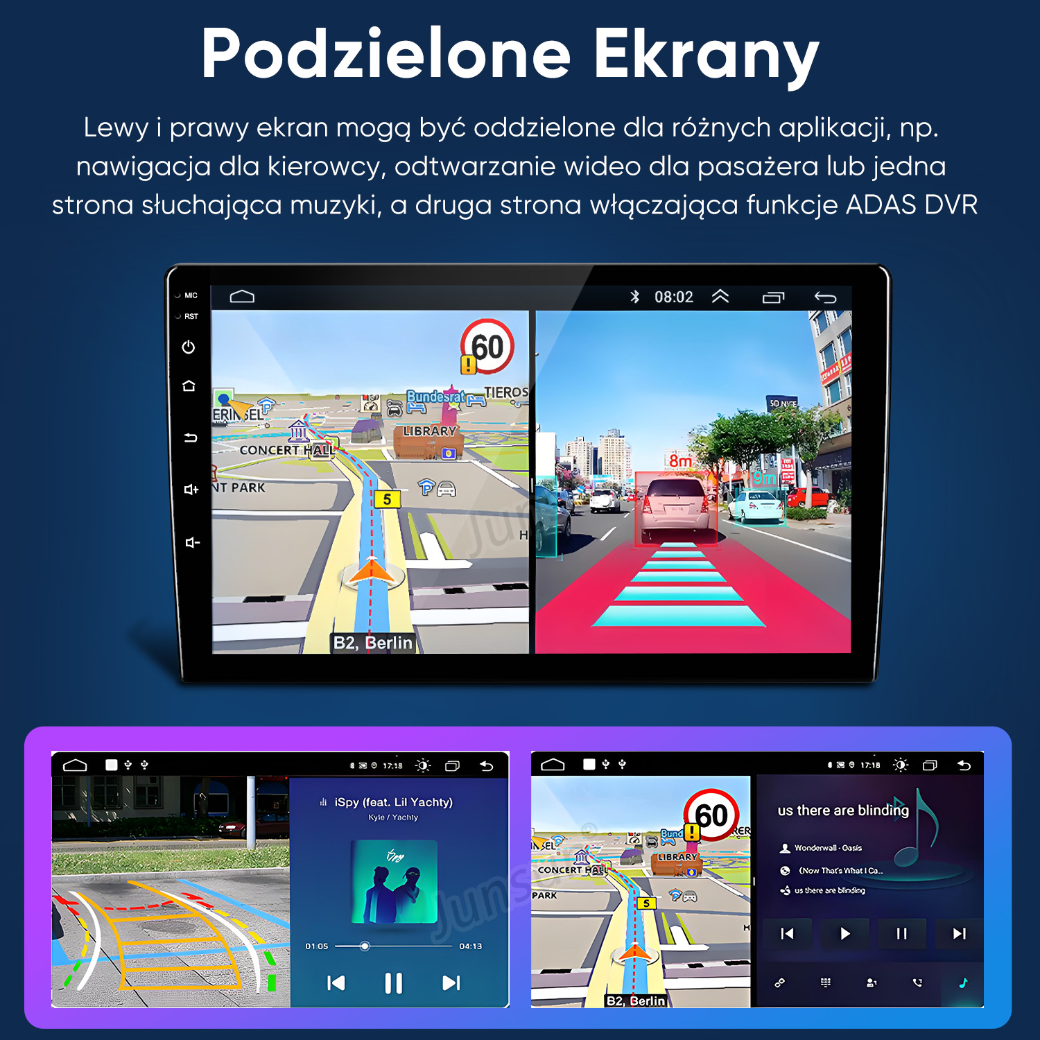 Wyświetlacz samochodowy pokazuje podzielone ekrany z nawigacją, ADAS, muzyką i kamerą.