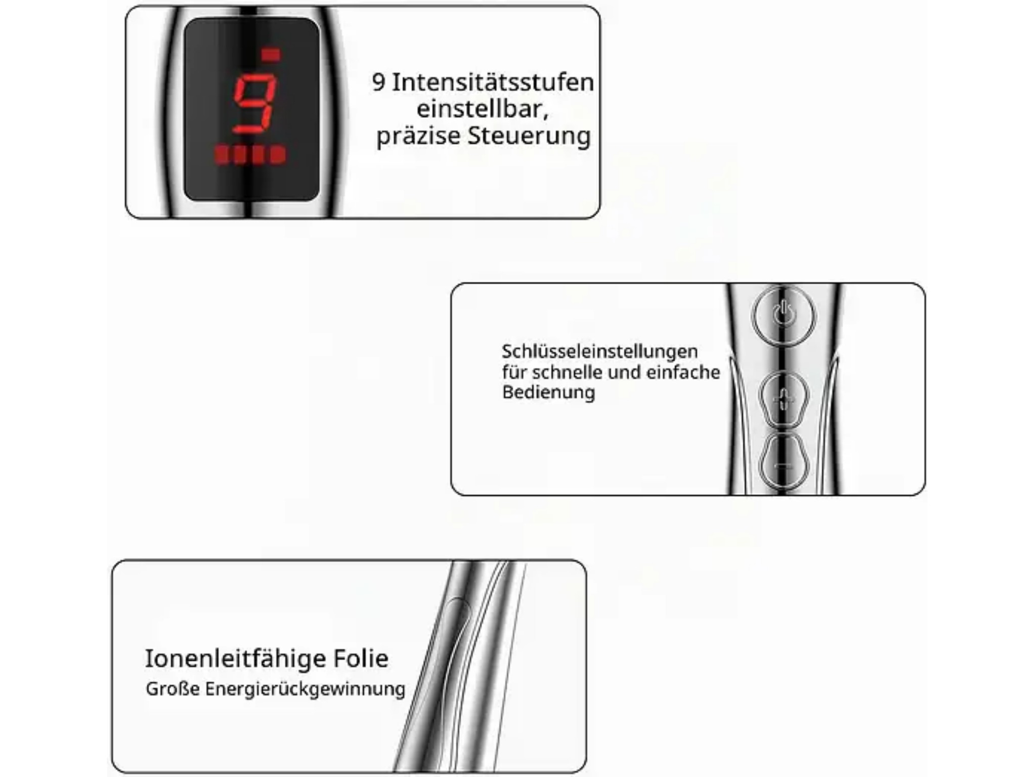 Produktmerkmale: 9 Intensitätsstufen, einfache Tastenbedienung und ionenleitfähige Folie.