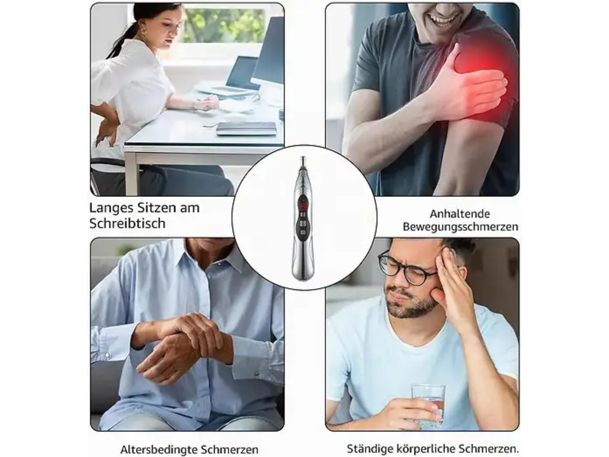 Collage zeigt Personen mit Schmerzen und ein elektronisches Schmerztherapiegerät in der Mitte.