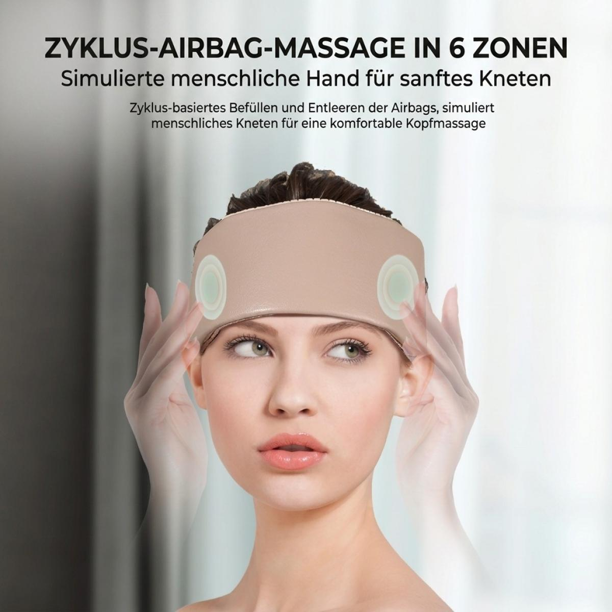 Eine Frau trägt ein beiges Kopfmassagegerät mit transparenten Händen, darüber deutscher Text.