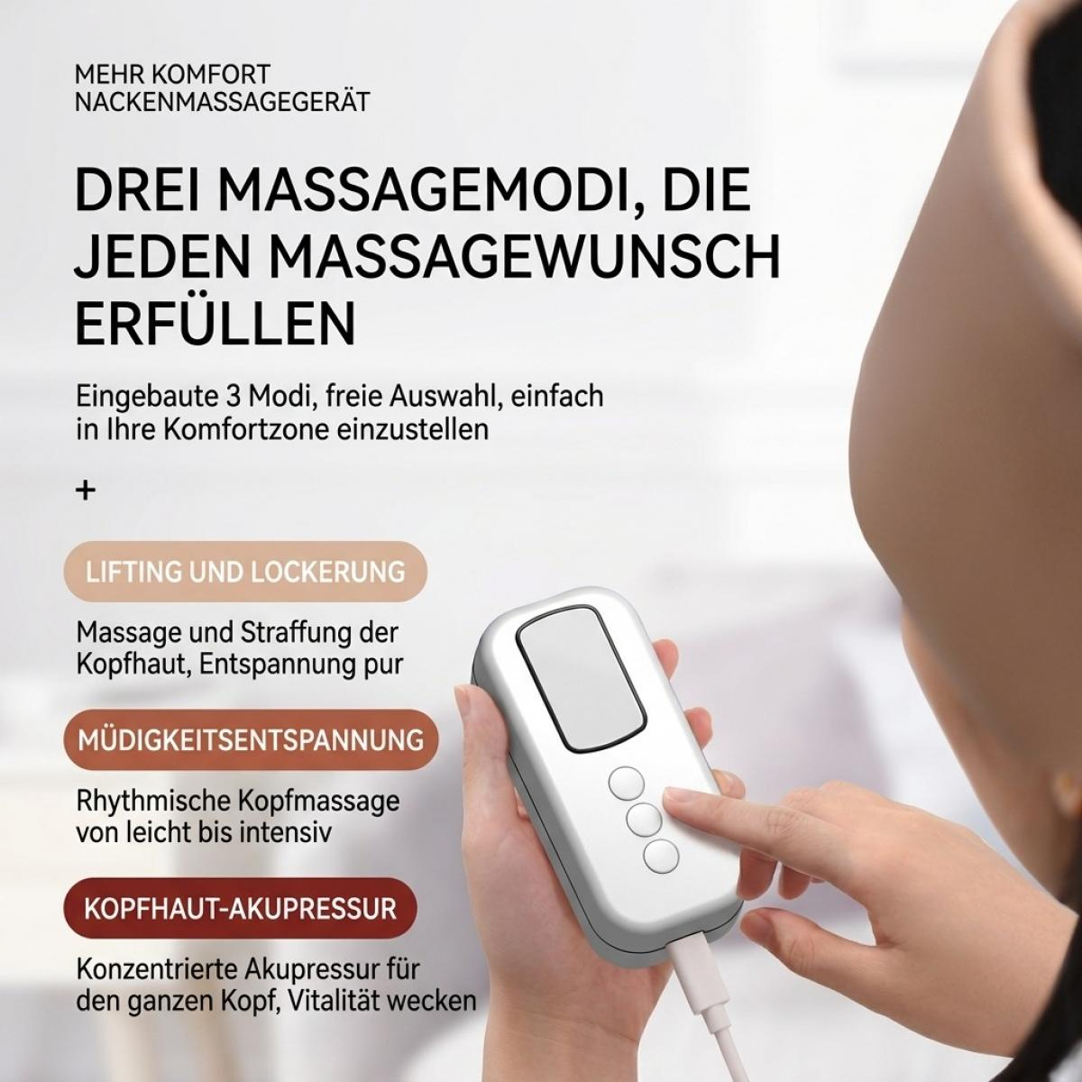 Eine Hand hält ein weißes Massagegerät mit drei runden Tasten vor einem verschwommenen Hintergrund mit deutschem Text.