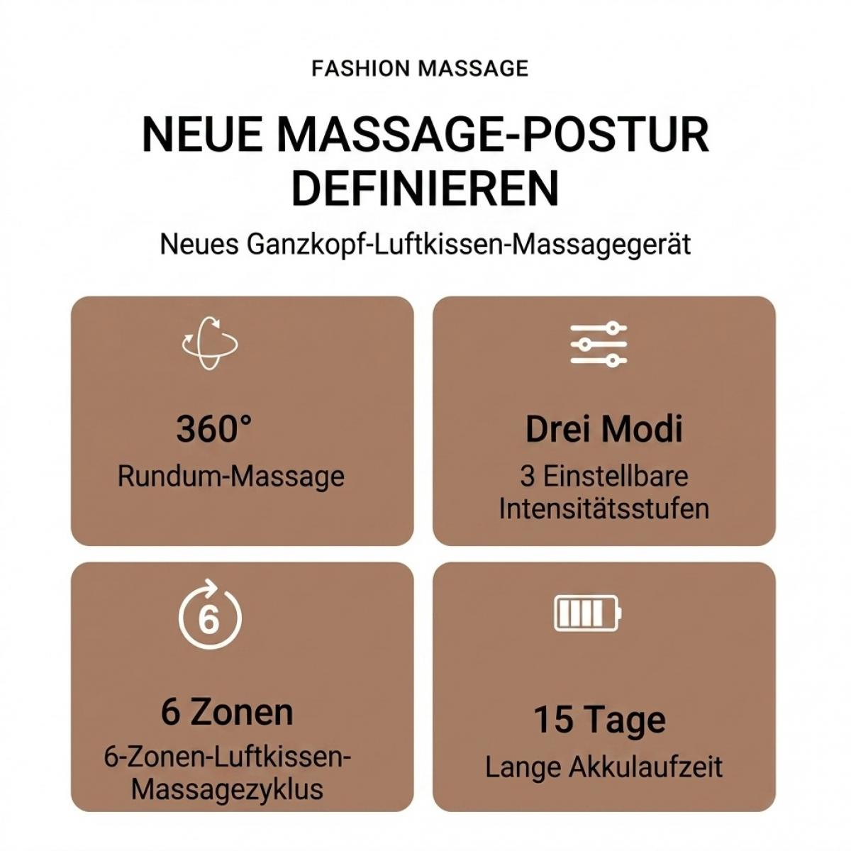 Produktinfografik mit vier braunen Feldern, die Funktionen eines Kopfmassagegeräts auf Deutsch beschreiben.