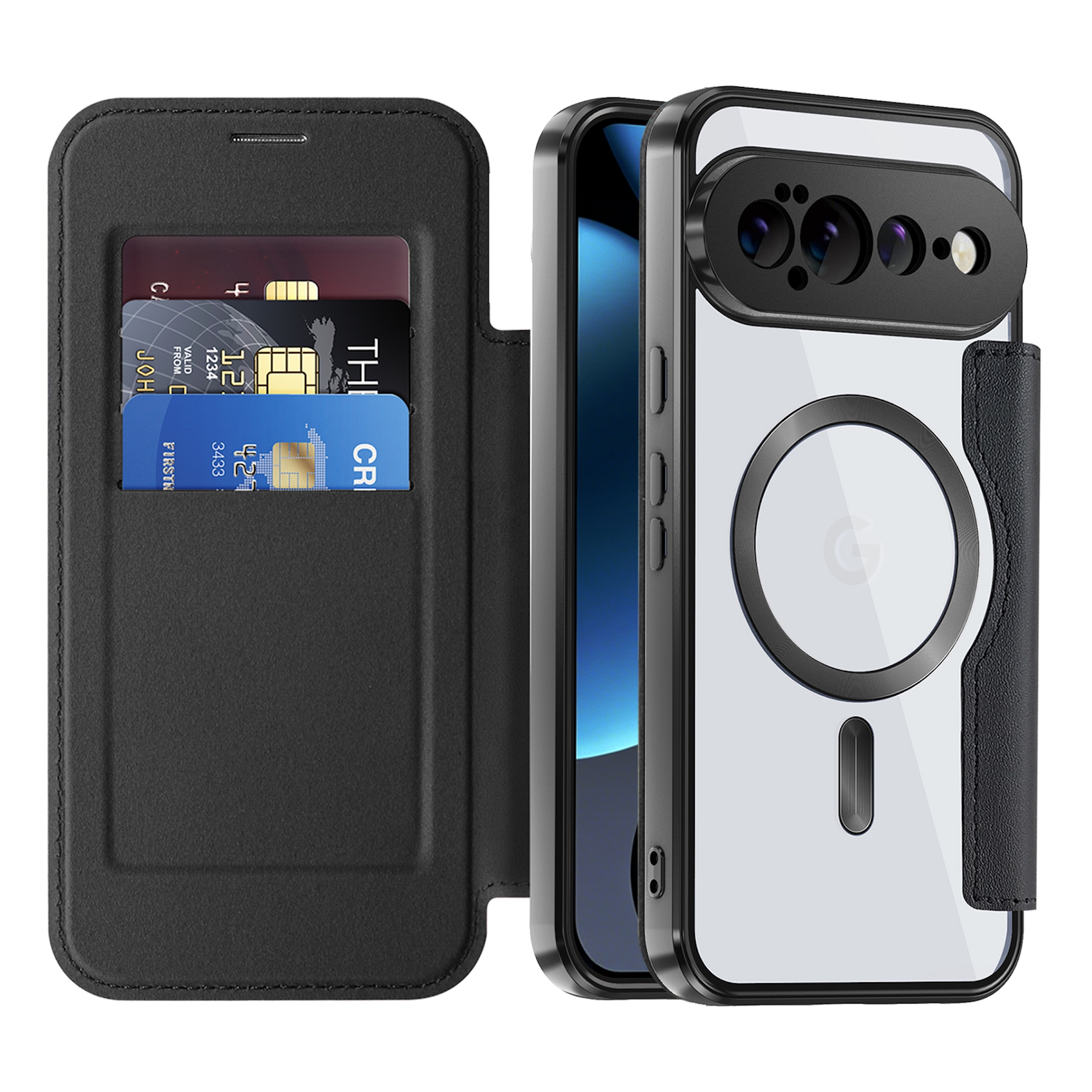 Schwarze Handyhülle mit Kartenhalter und MagSafe-Ring, daneben das Smartphone mit Kameralinse.