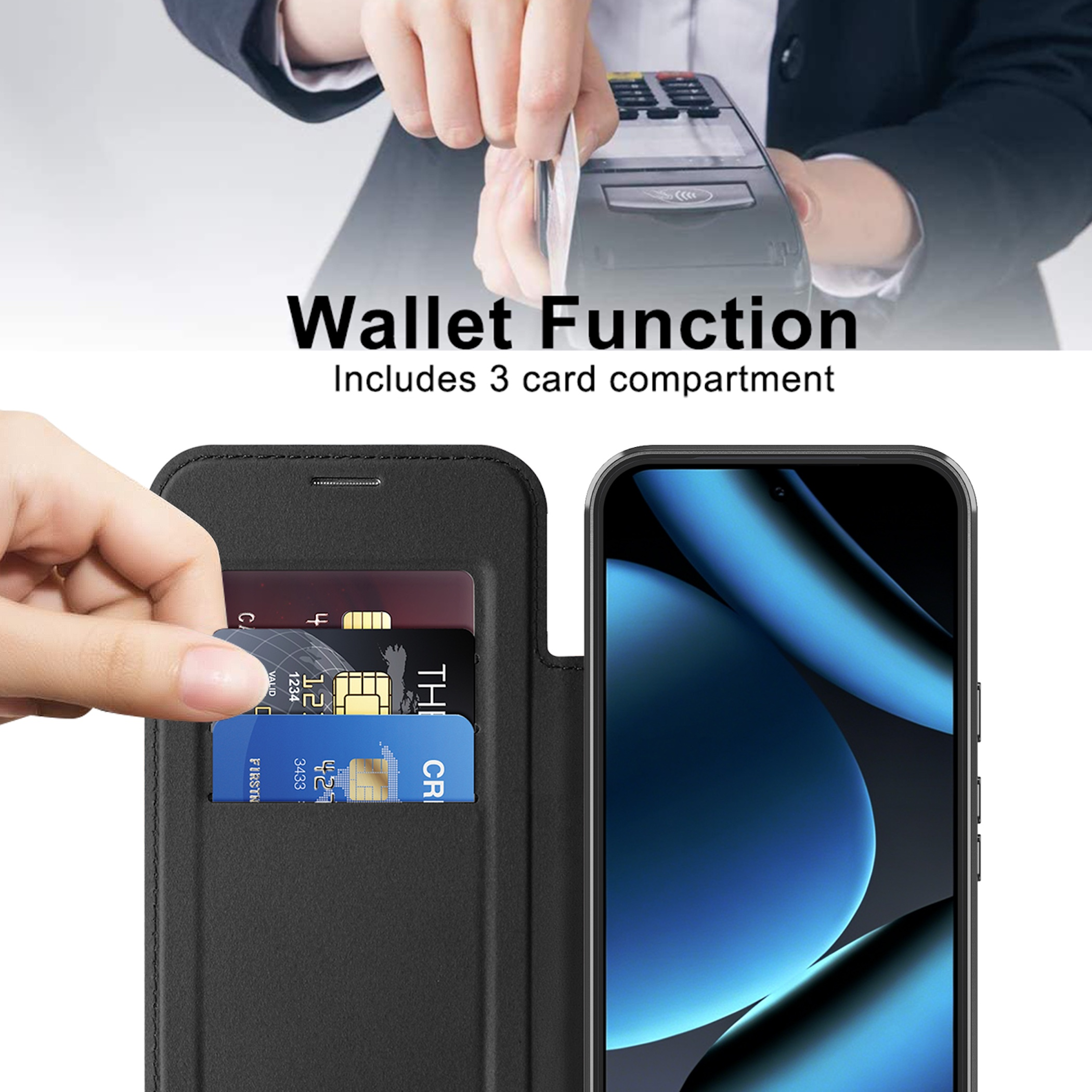 Eine Hand legt eine Karte in ein schwarzes Handy-Klappetui mit Kartenfächern.