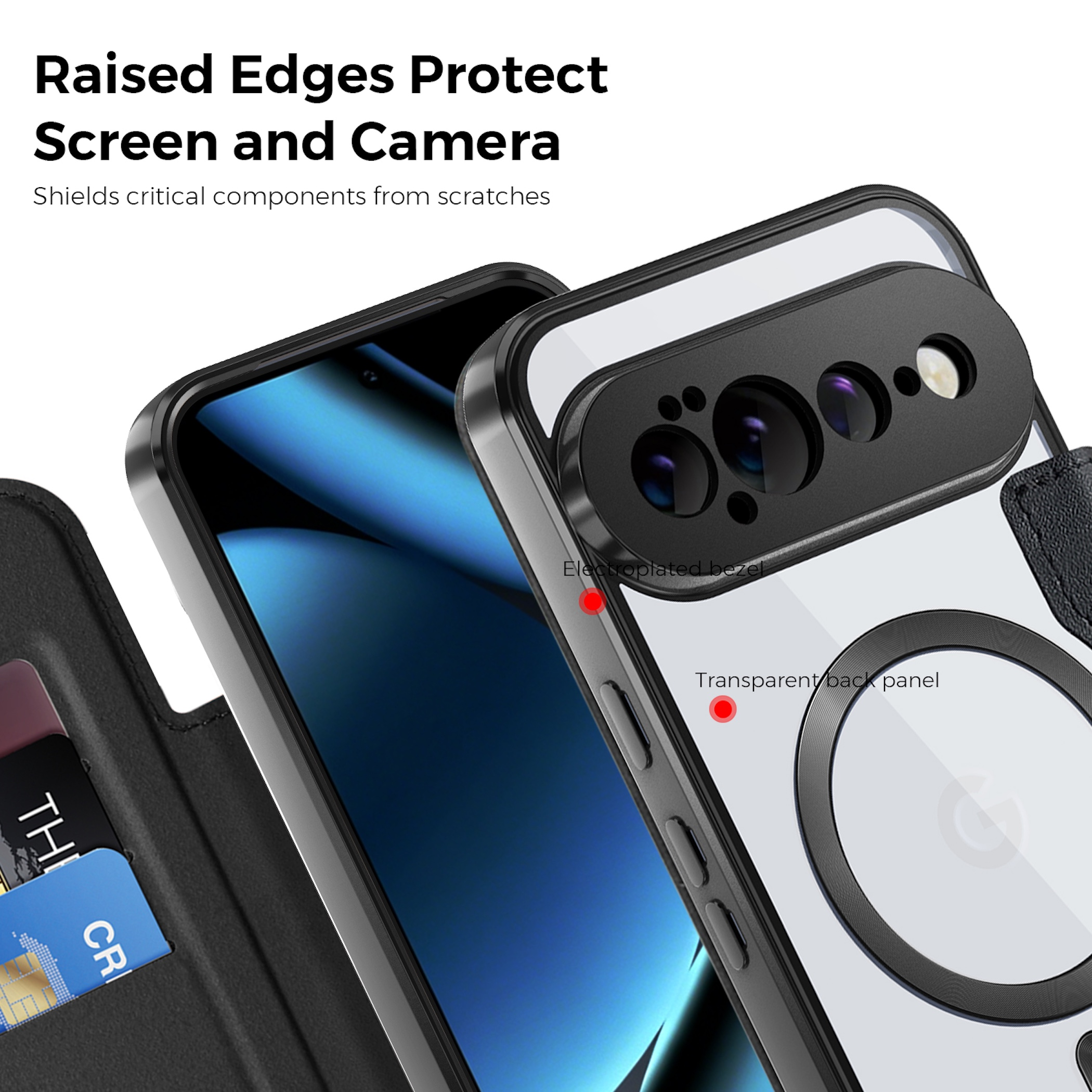 Ein Smartphone in einer klaren Hülle mit schwarzem Rahmen, erhöhten Kanten und Kameraschutz.