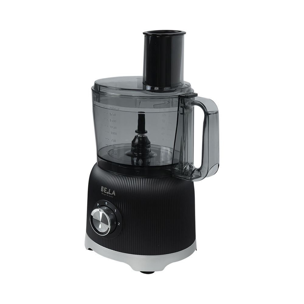 Un robot culinaire électrique noir avec bol transparent et bouton de commande argenté sur fond blanc.