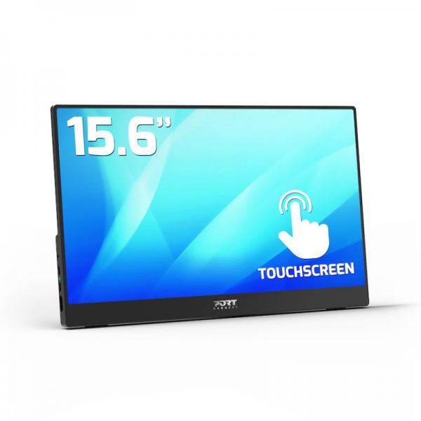 Un monitor touchscreen da 15,6 pollici con grafica blu e icona di un dito su sfondo bianco.