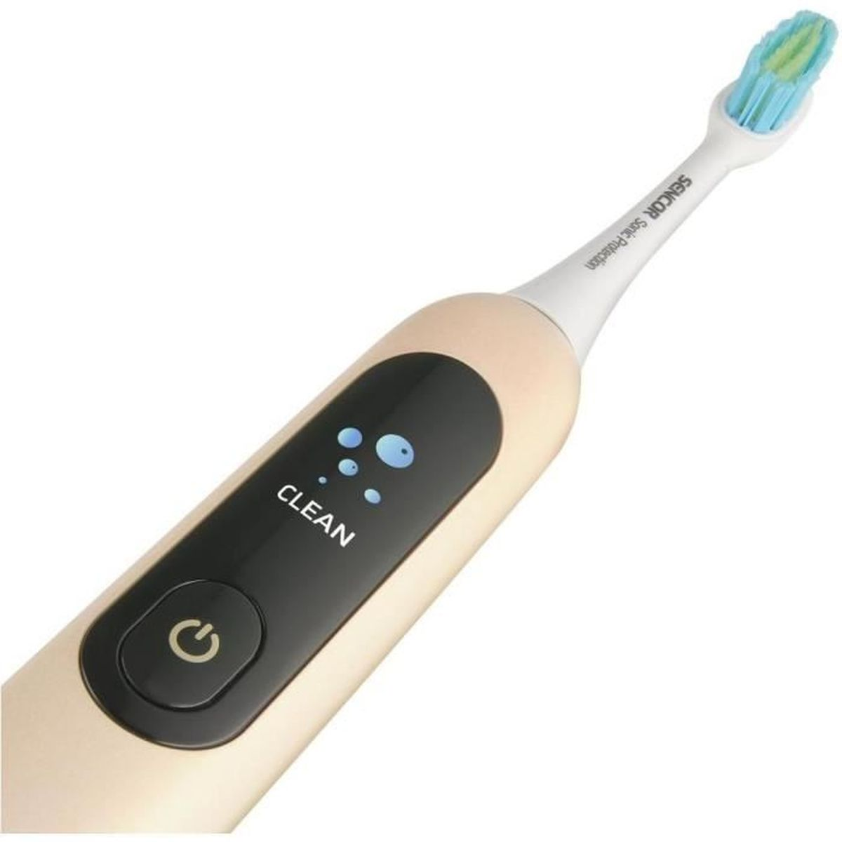 Eine goldene elektrische Zahnbürste mit schwarzem Display und blauem Bürstenkopf.