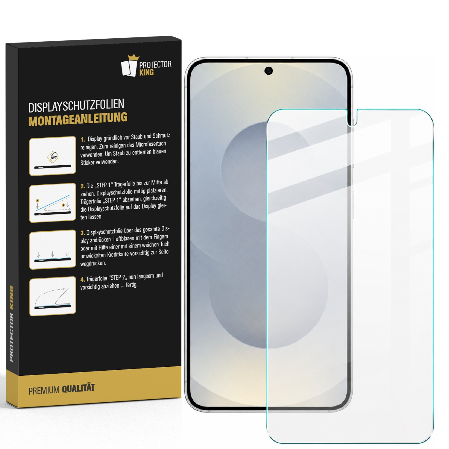Smartphone, Displayschutzfolie und Verpackung mit Montageanleitung.