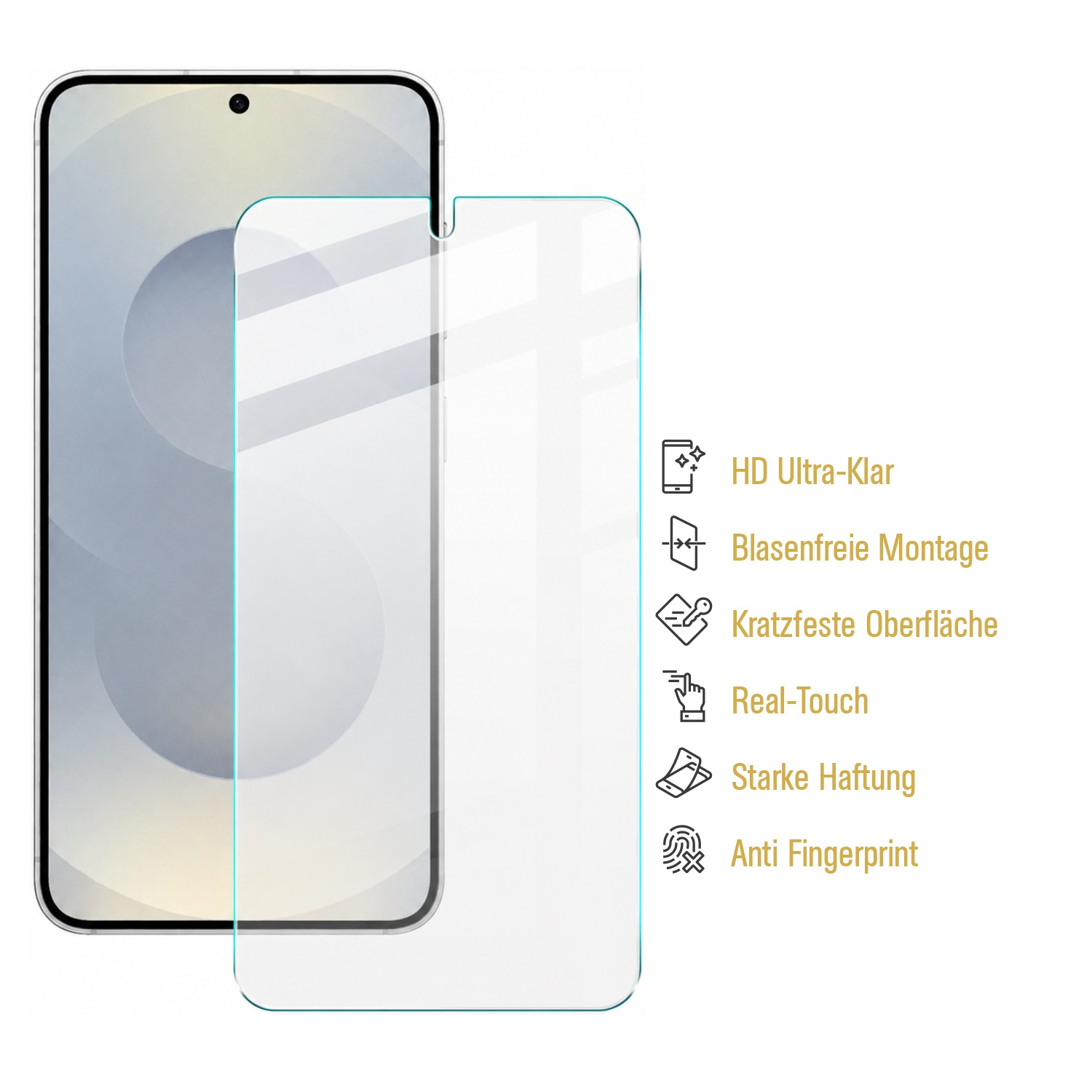 Smartphone mit Glasschutzfolie und Merkmalen rechts.