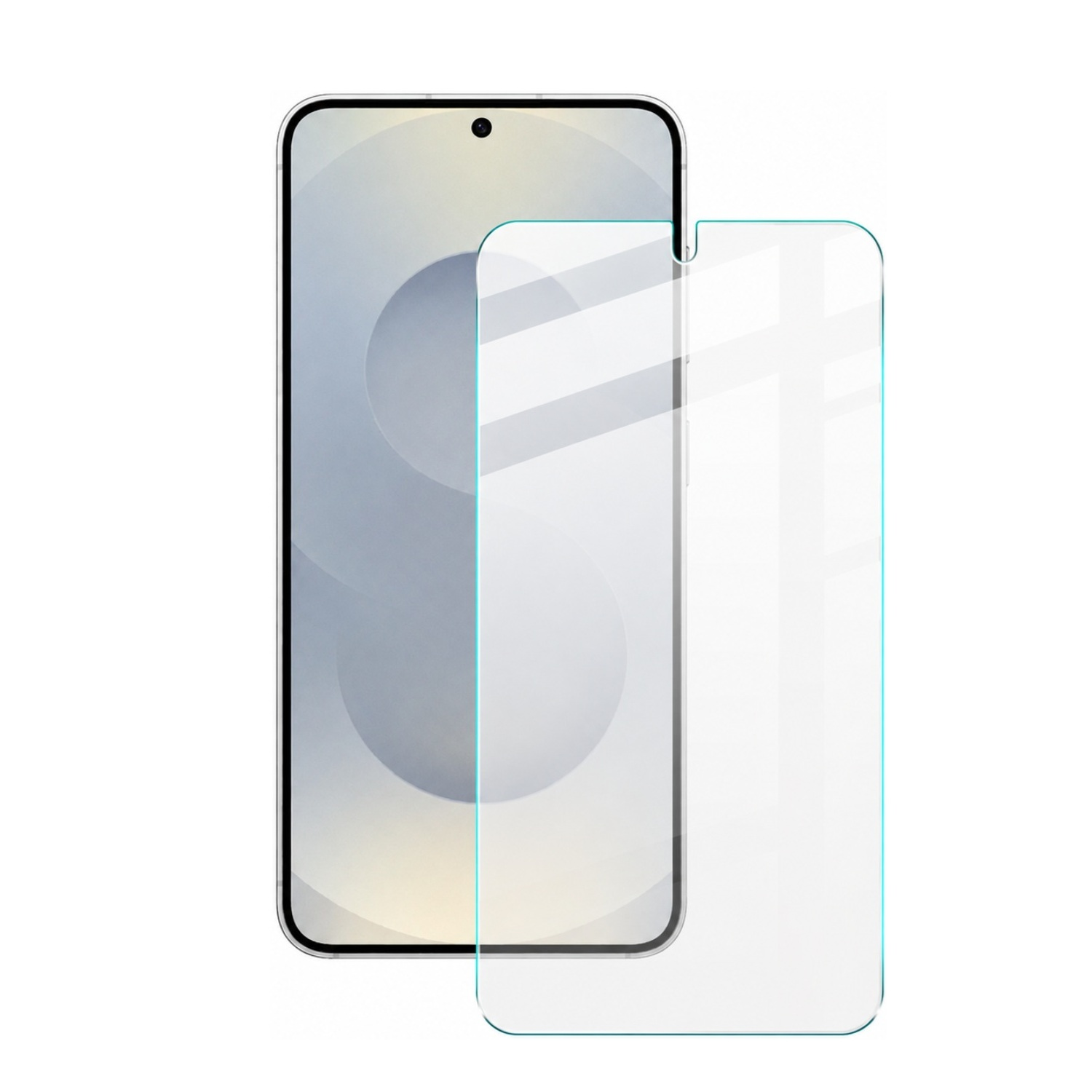 Ein Smartphone und eine transparente Schutzfolie aus Glas auf weißem Hintergrund.
