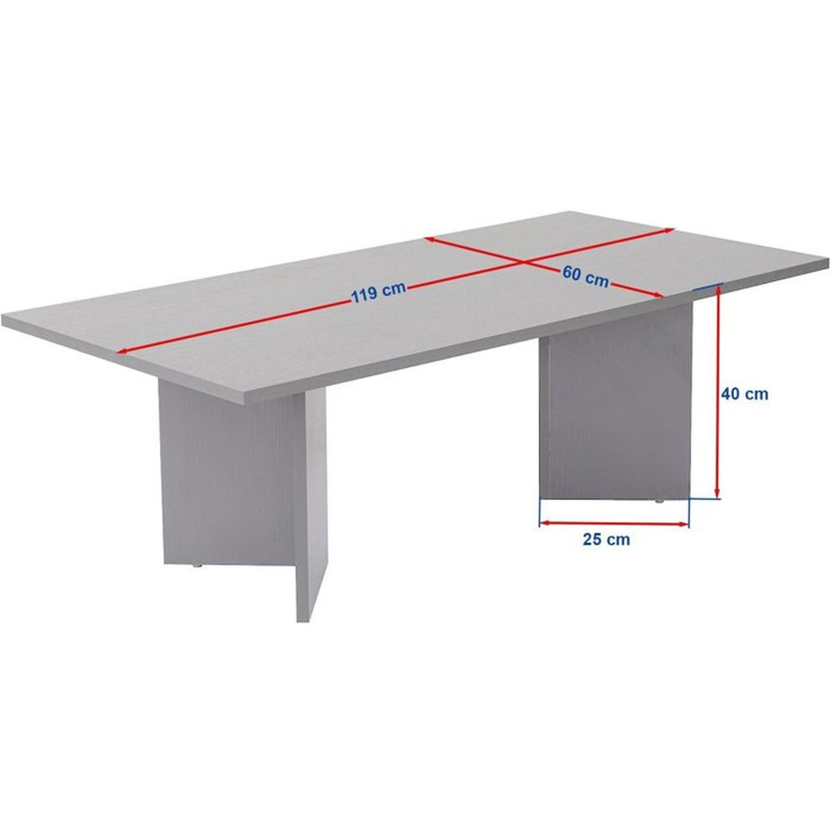 Grauer Tisch mit Maßen: 119 cm Länge, 60 cm Breite und 40 cm Höhe, auf zwei Beinen.