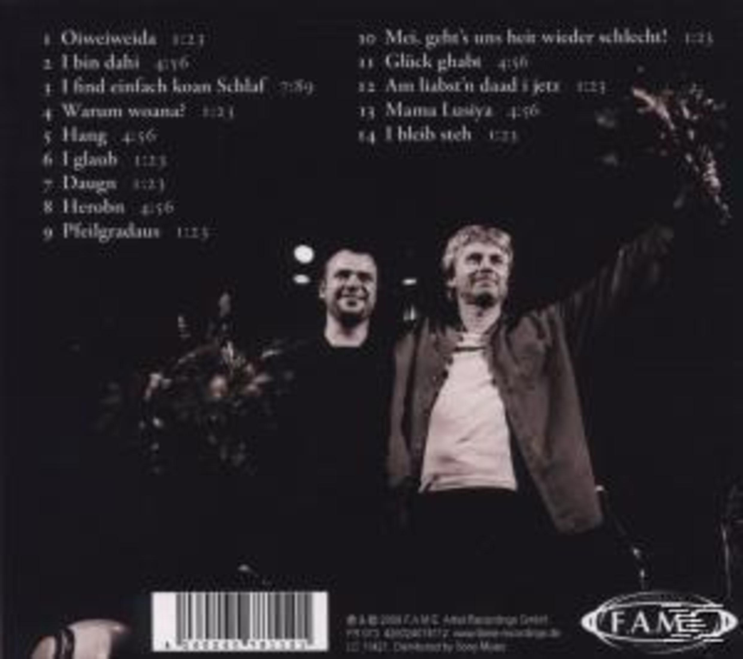 CD-Rückseite mit zwei Männern, einer hält Blumen hoch, links eine Titelliste, unten ein Barcode.
