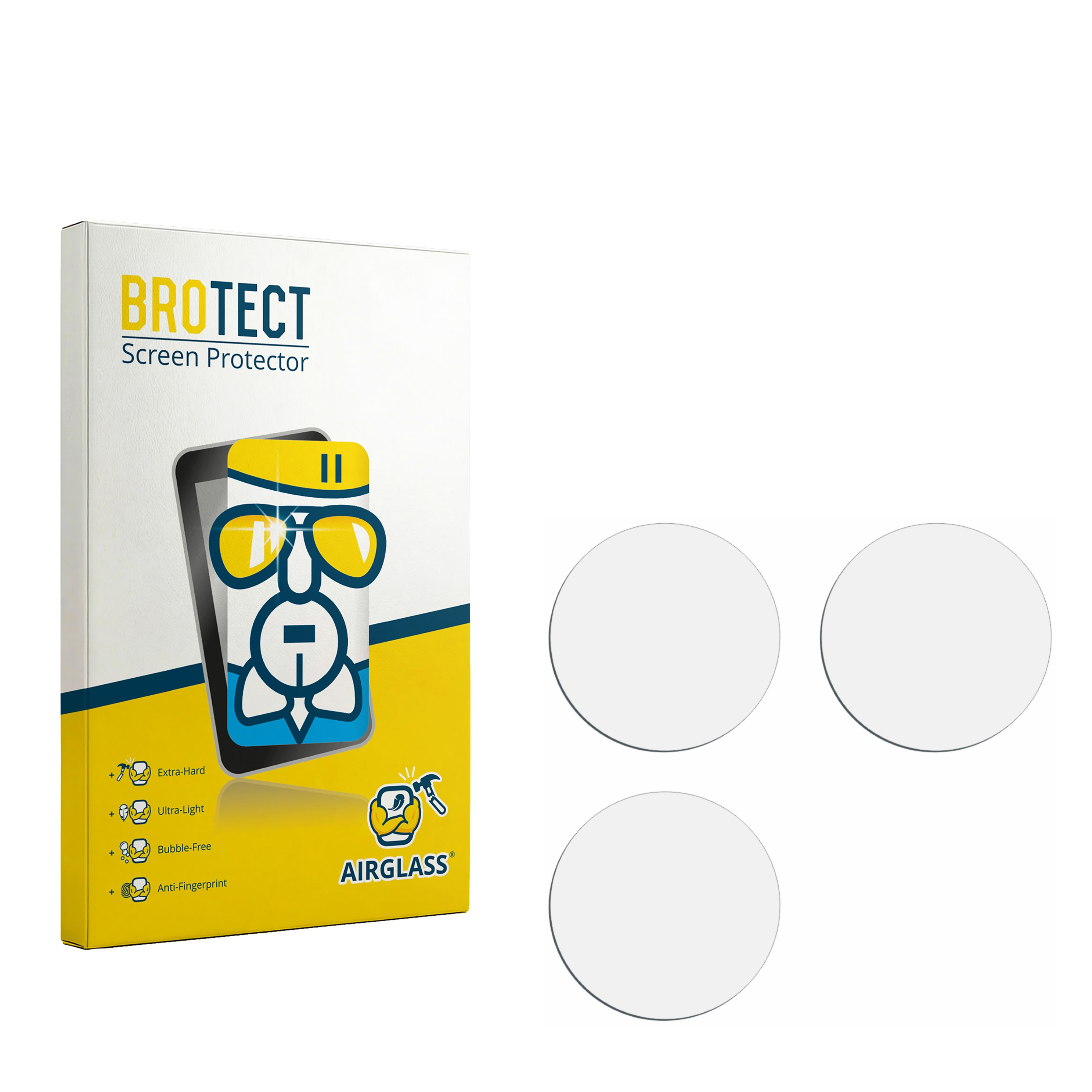 BROTECT AirGlass Displayschutzfolie Verpackung mit drei runden Schutzfolien daneben.