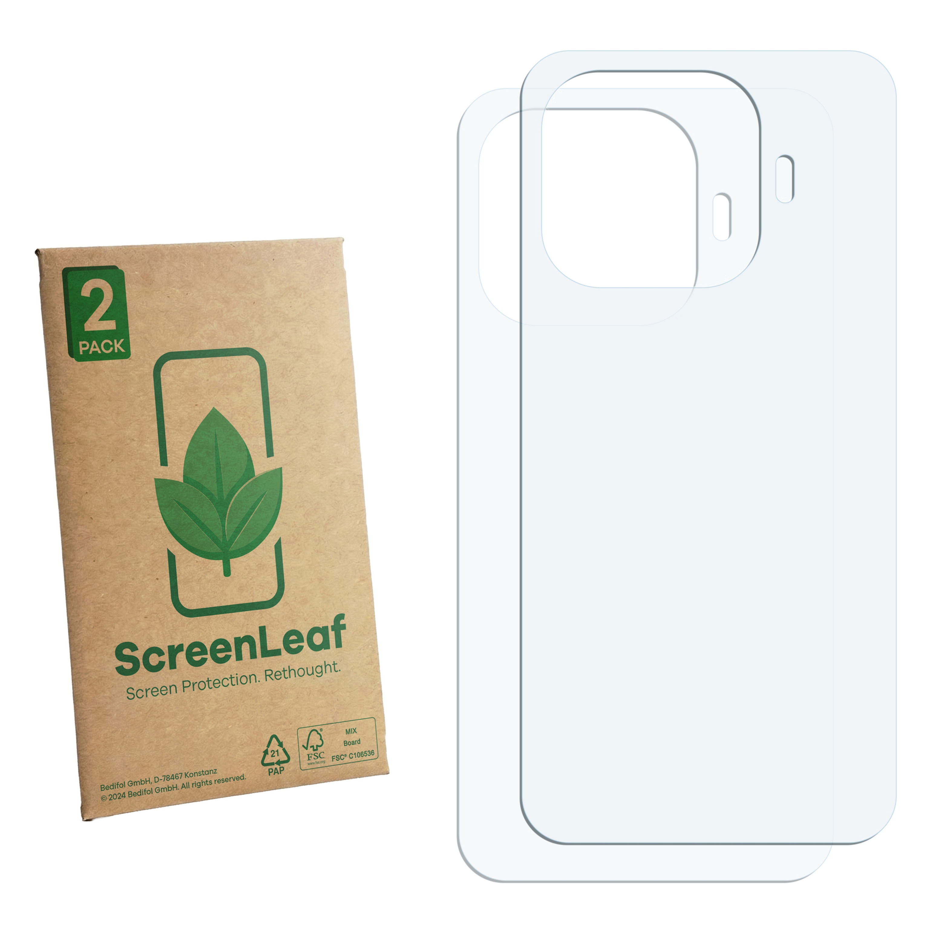 Eine braune ScreenLeaf-Verpackung mit 2 Stück neben zwei transparenten Displayschutzfolien.