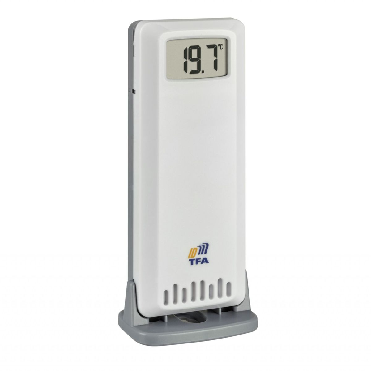Ein weißer TFA-Thermometer-Sensor mit digitaler Anzeige von 19,7 Grad Celsius steht auf einer grauen Halterung.
