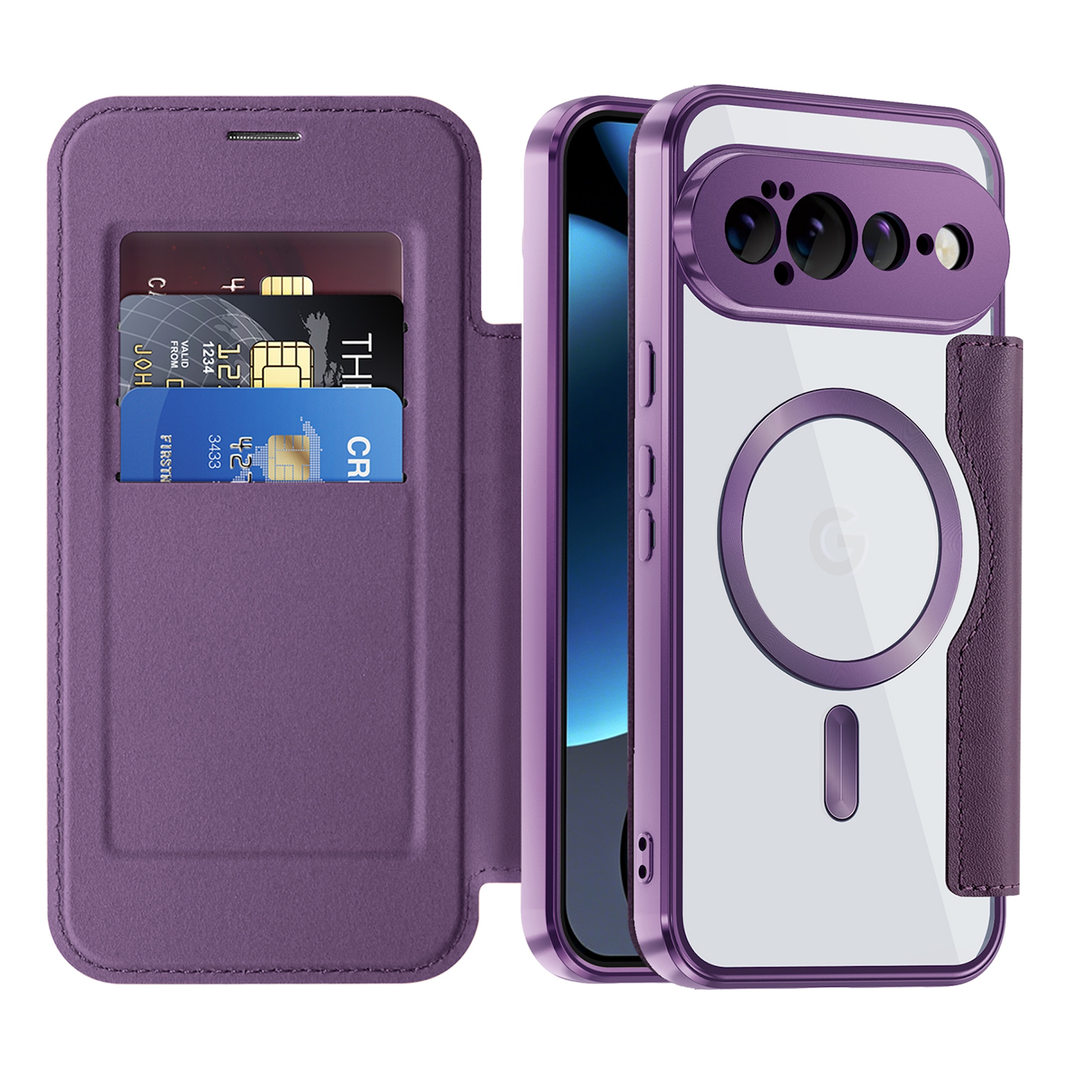 Violette Handyhülle mit Kartenfach auf der Innenseite und MagSafe-Ring auf der Rückseite.