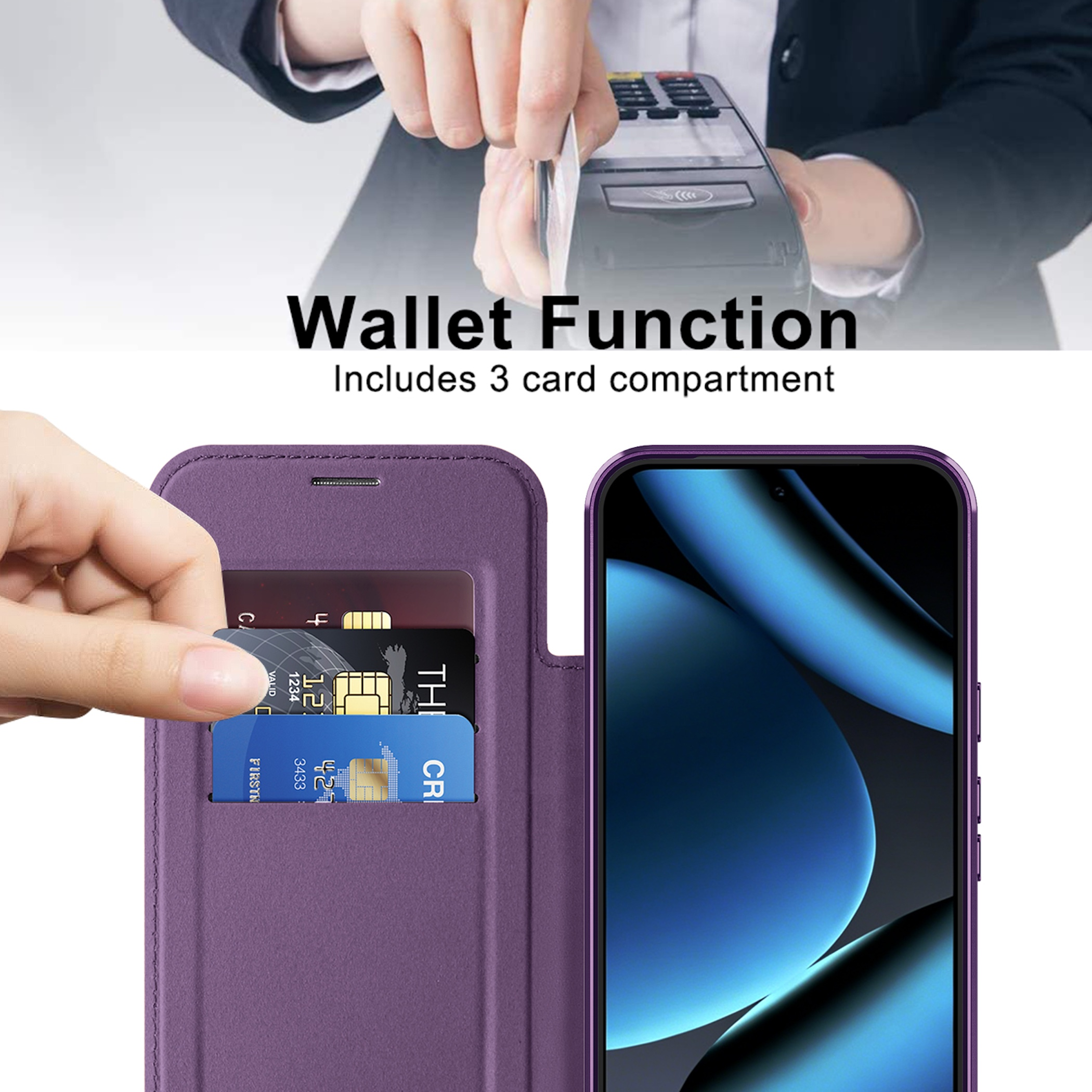 Eine lila Handytasche mit drei Kartenfächern und einer Hand, die eine Karte hineinschiebt. Text: Wallet Function.
